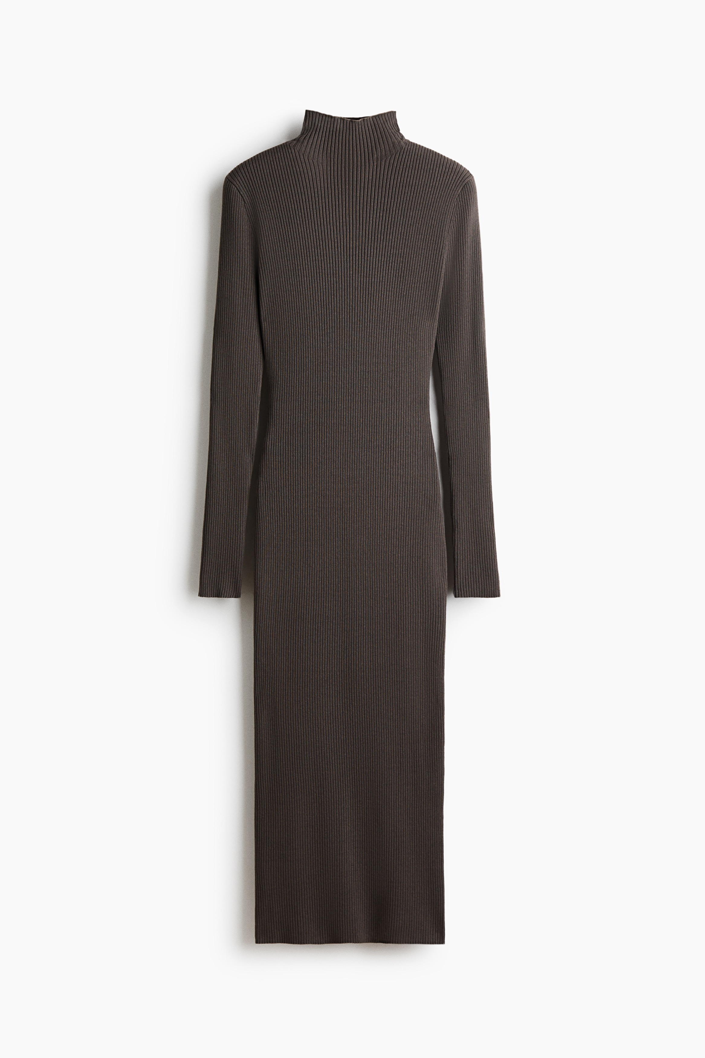 Ribstrikket kjole med turtleneck - Mørk muldvarp/Mørkebrun