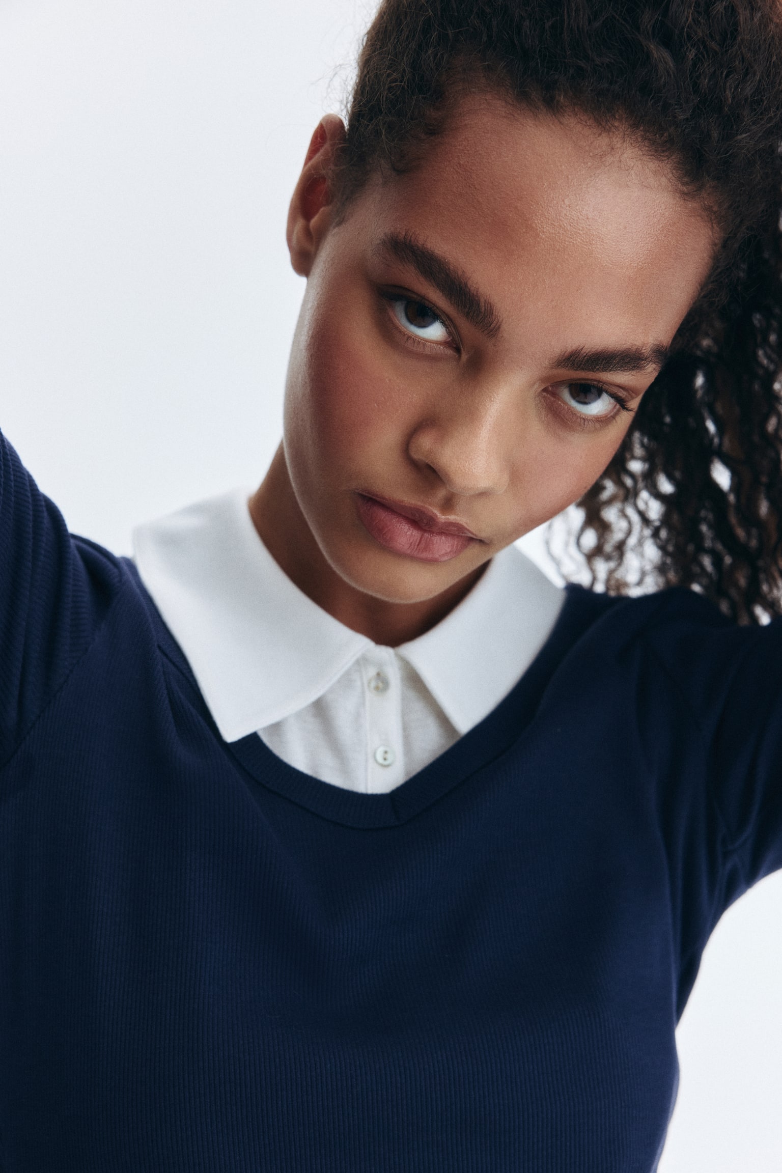 V-neck cotton top - Dark blue/White/Brown/White striped - 5