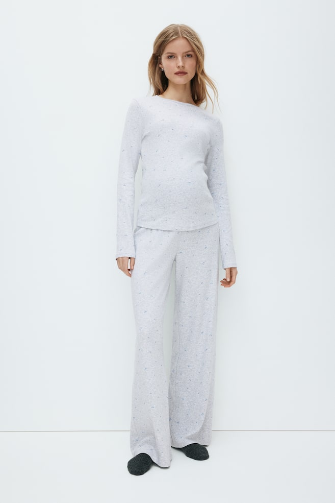 MAMA Pyjamas i pointelletrikot-Gråmelert/Blomstret - 6