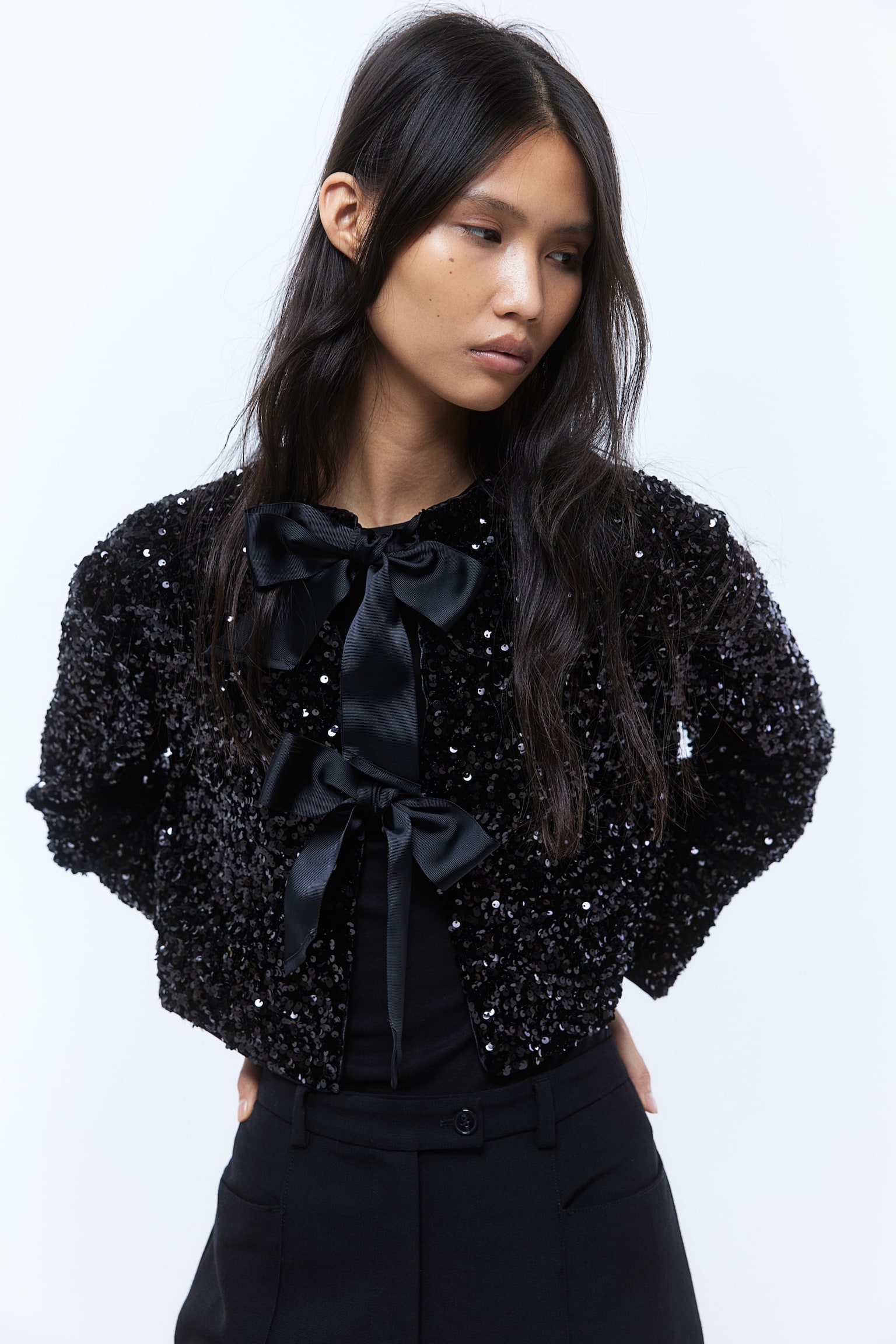 Sequined bow-front jacket - Black/Cream - 6