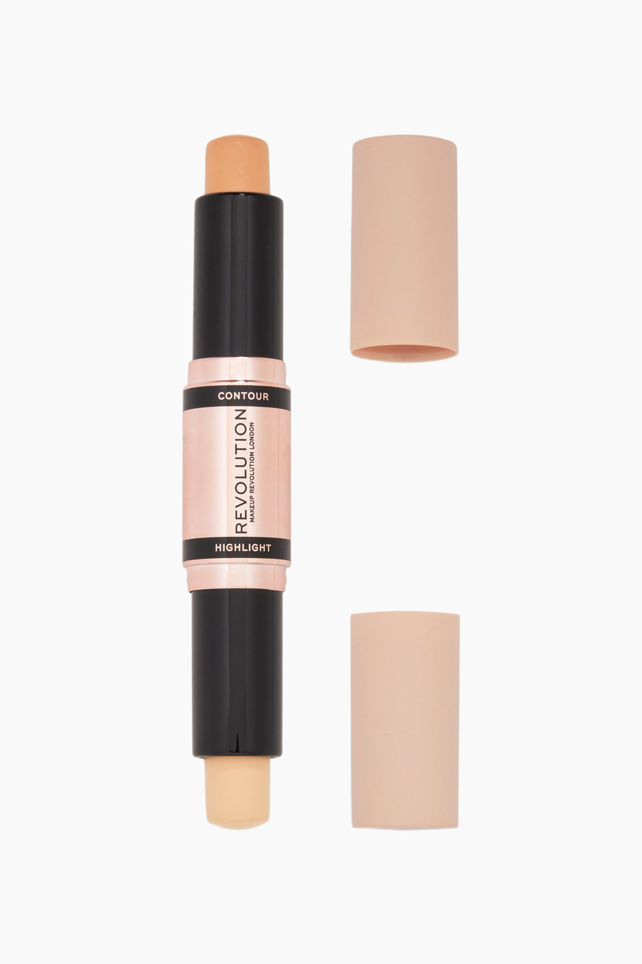Visa större bild: En dubbeländad contour- och highlighter-stick står upprätt och visar en mediumtan contour-stick upptill och en ljusbeige highlighter-stick nedtill. Det svarta höljet har ett centralt roséguldfärgat band märkt "CONTOUR" och "HIGHLIGHT", med två matchande nude-färgade korkar placerade till höger.