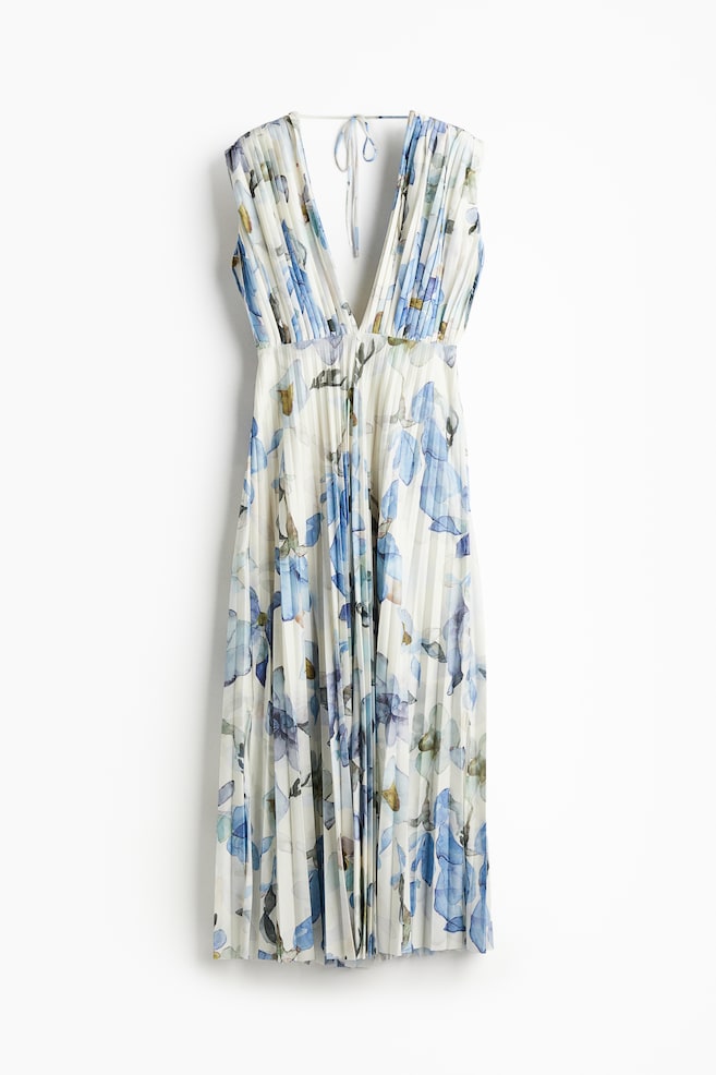 Pleated jersey dress - White/Blue floral/Cream/Striped - 1