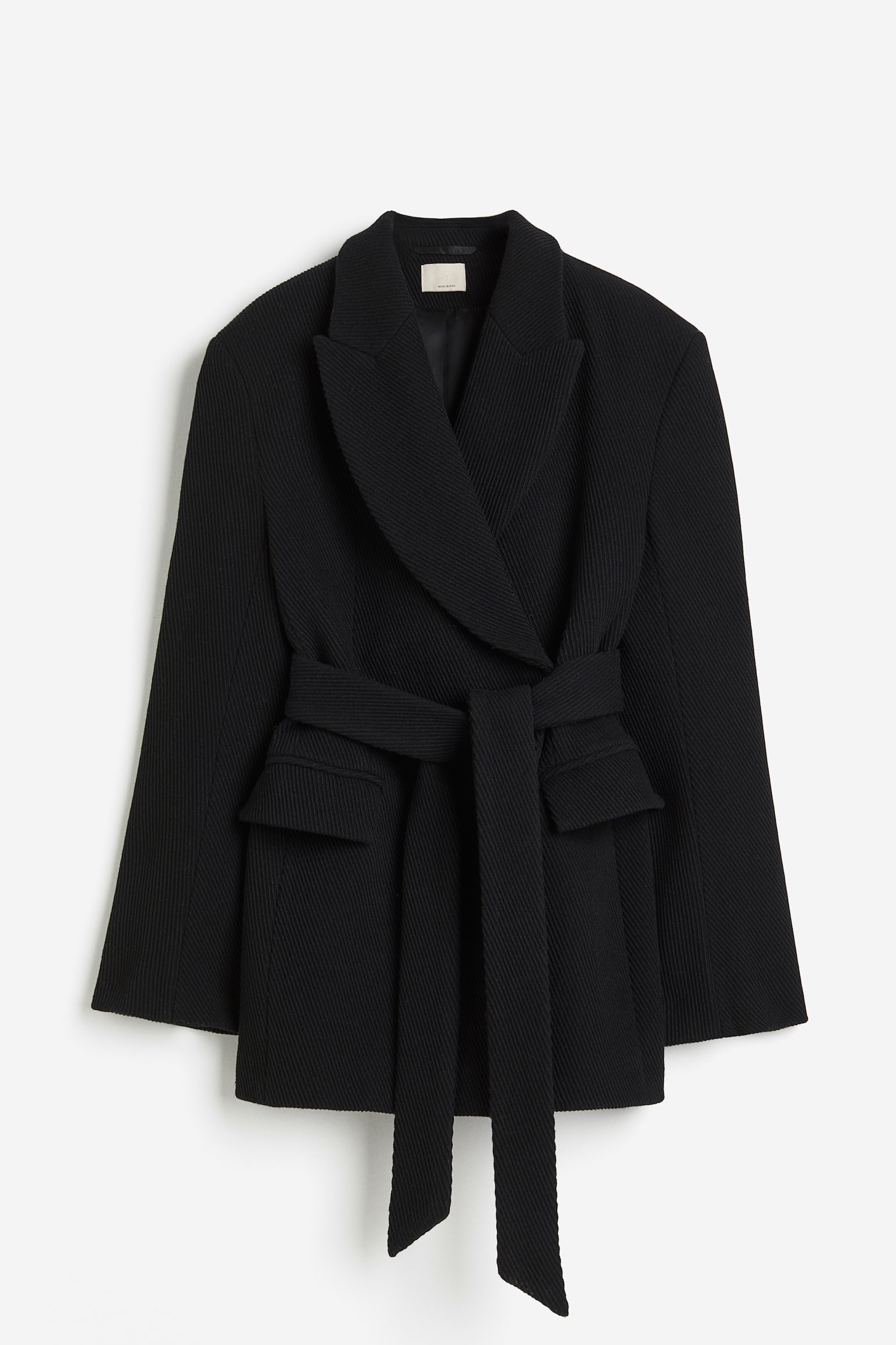 Wool Blend Tie Belt Blazer - Black - 2