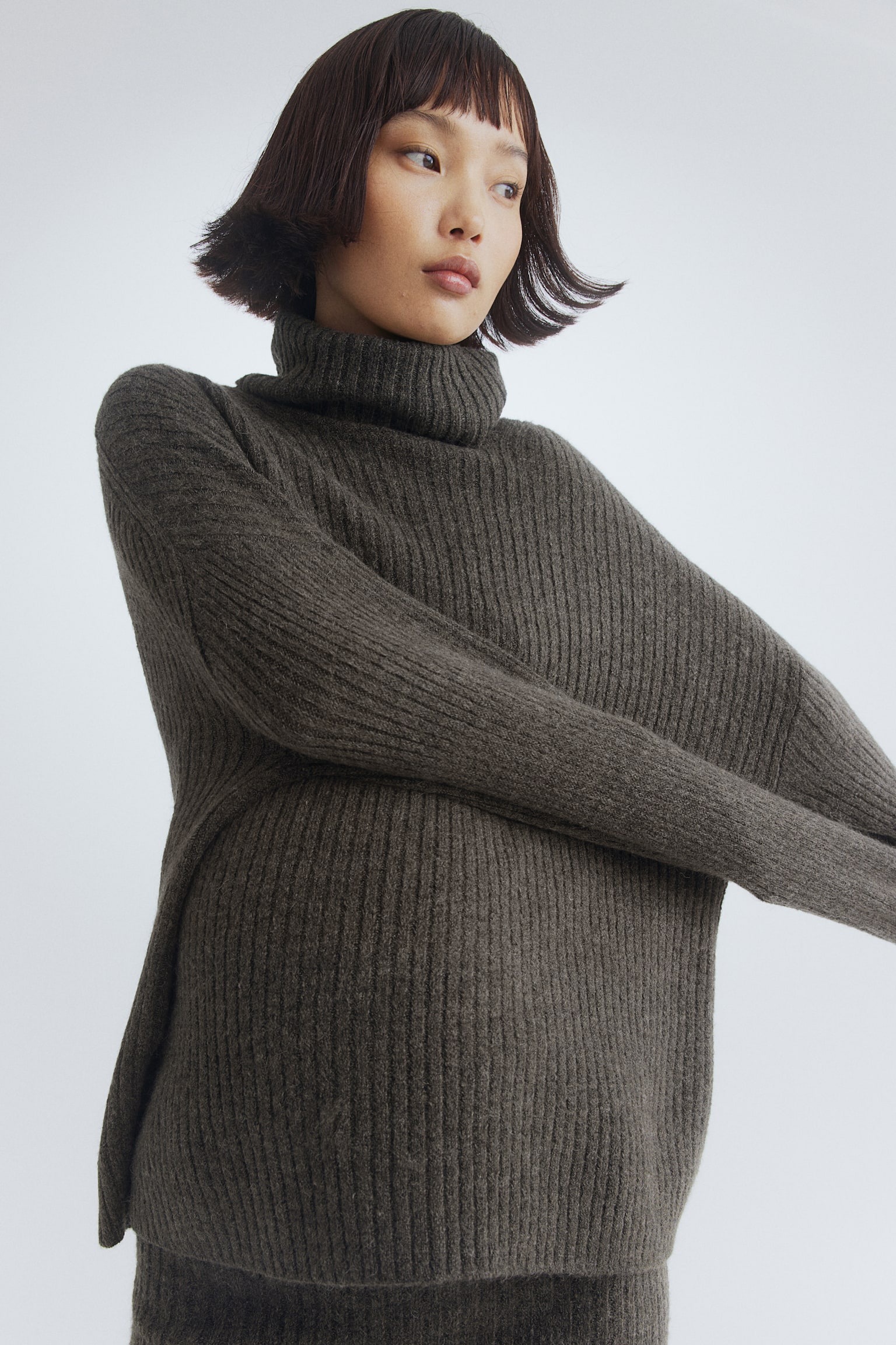 MAMA Rib-knit polo-neck jumper - Dark khaki green/Mole marl - 4