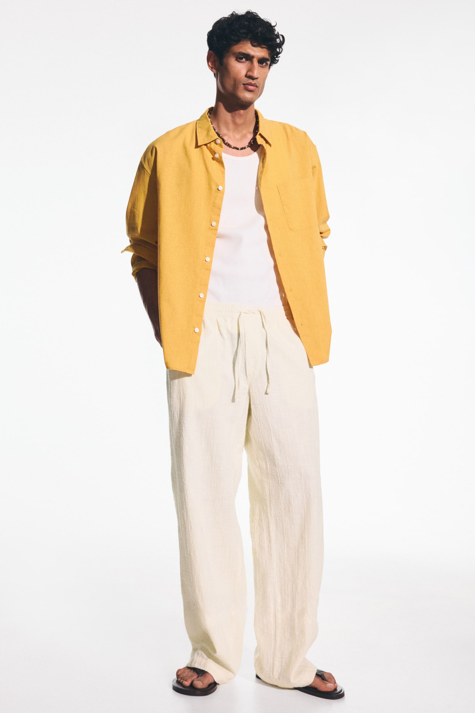 Relaxed Fit Textured cotton trousers - White/Dark brown - 1