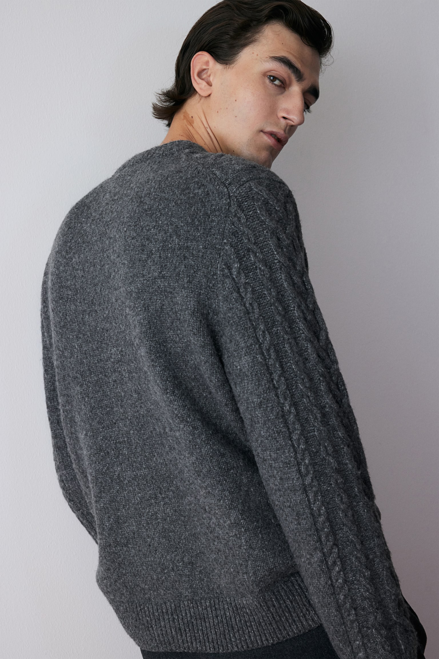 Regular Fit Cable-knit jumper - Dark grey marl/Cream - 5