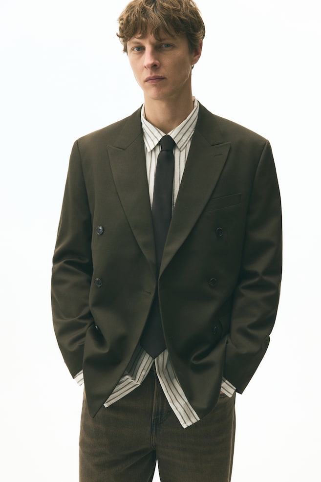 Relaxed-Fit Double-Breasted Jacket - Dark khaki green/Beige - 1