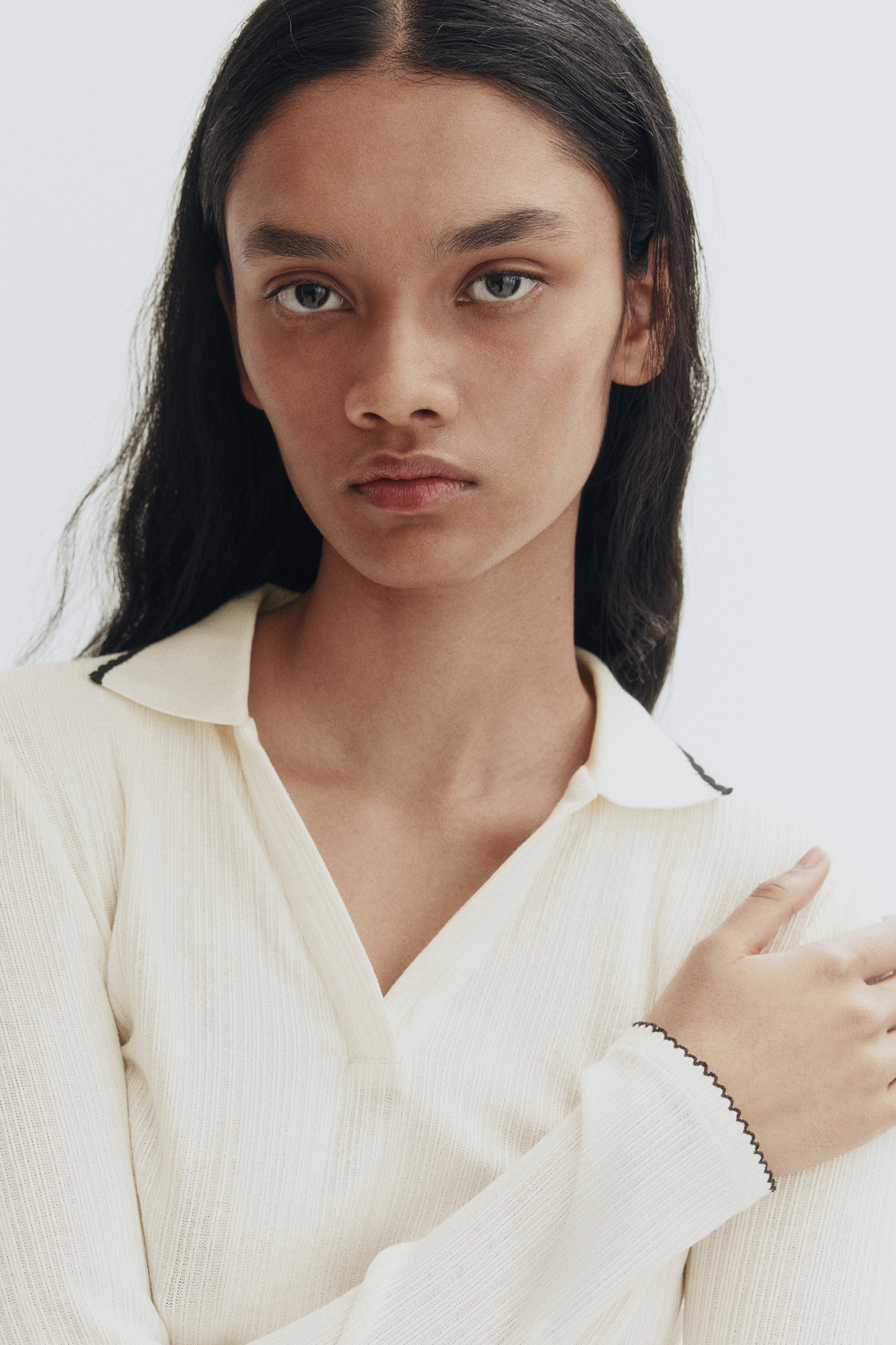Collared rib-knit top