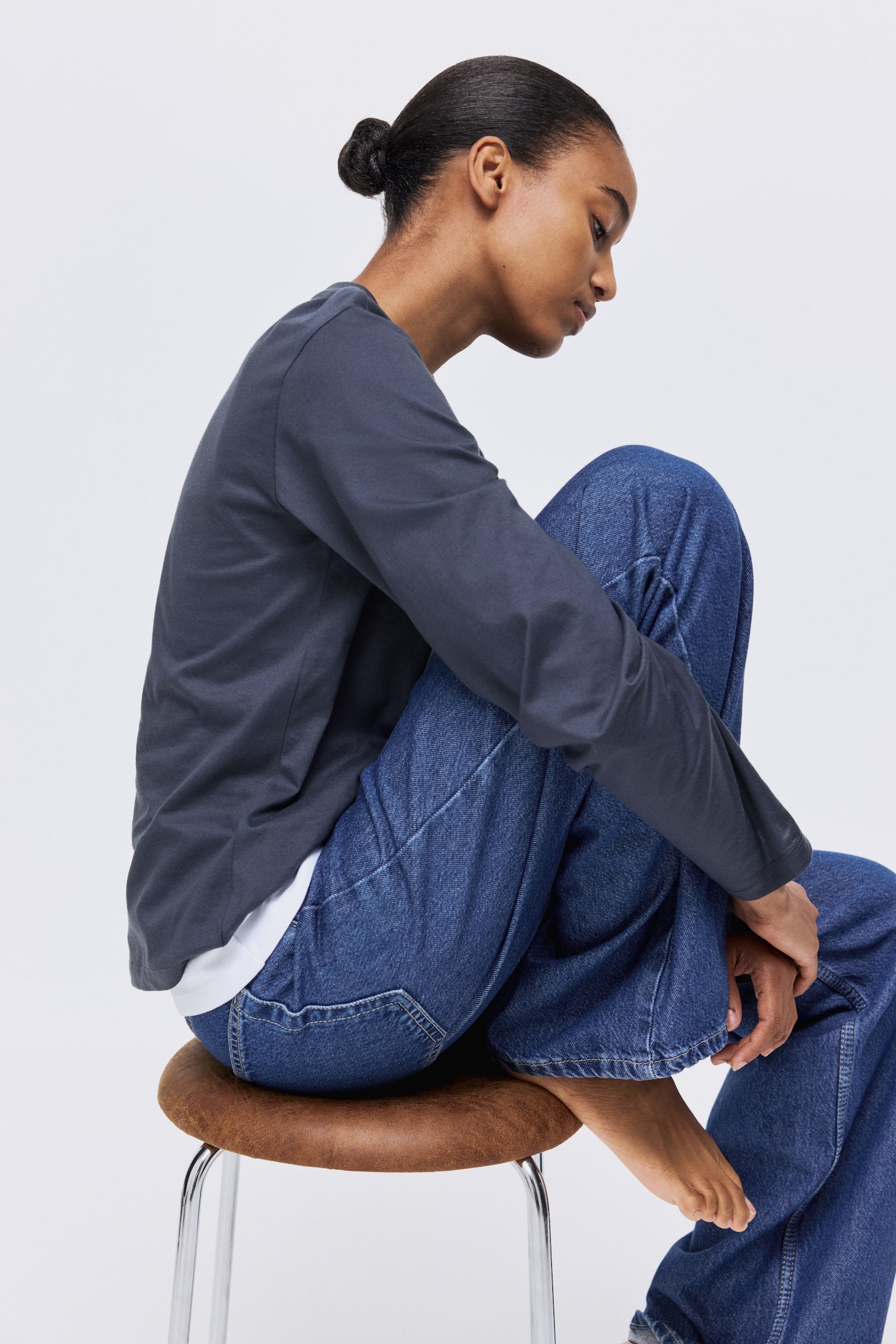 Pamuklu Uzun Kollu Üst - Lacivert/Açık pembe/Koyu bej - 4