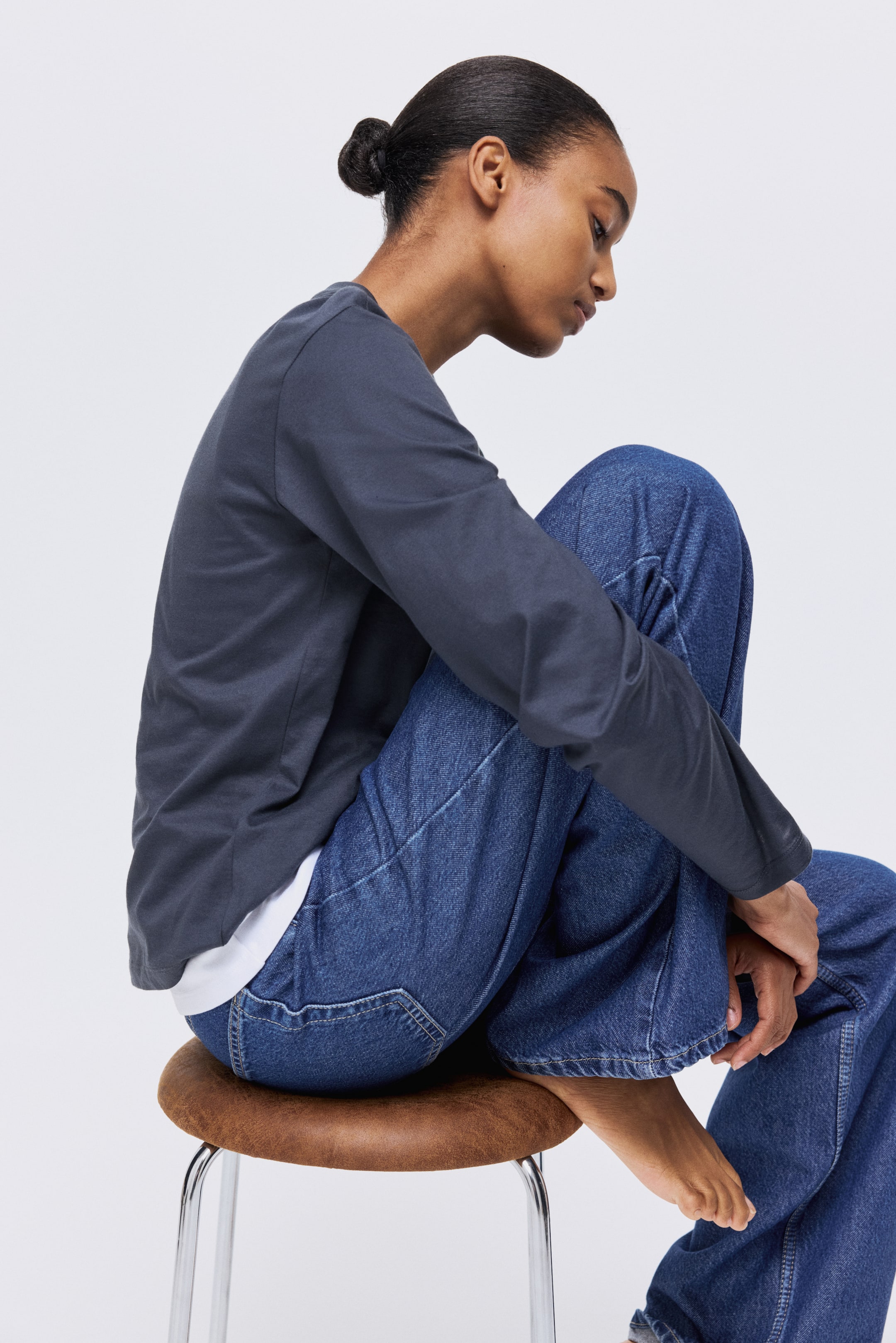 View larger image: Long-sleeved cotton top - Navy blue - Ladies | H&M IN 4