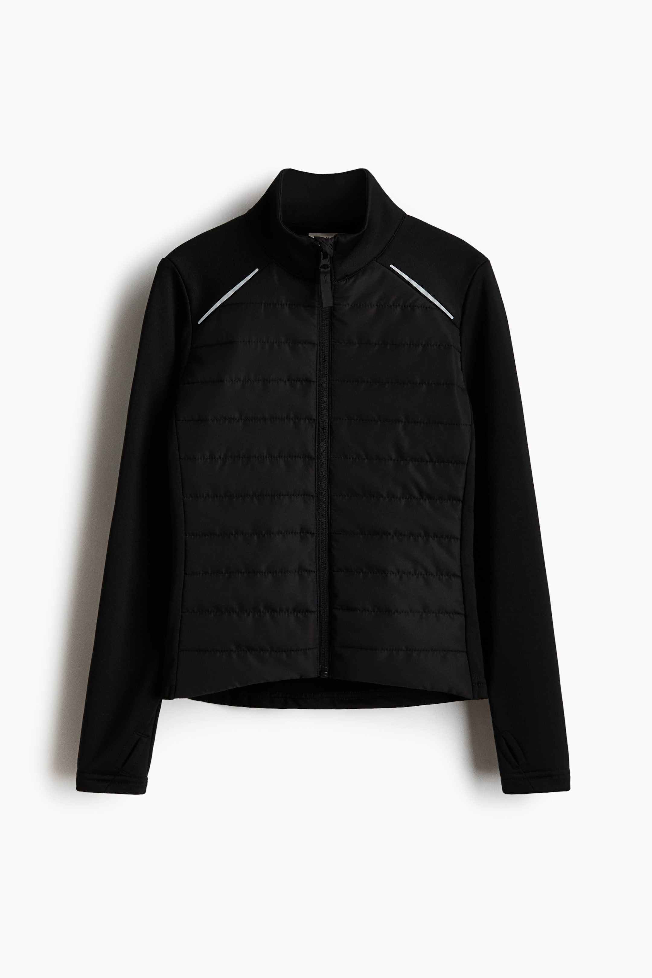View larger image: A black jacket is presenting front, featuring a padded and horizontally quilted front panel, a standing collar, and a full-length zipper closure. 
