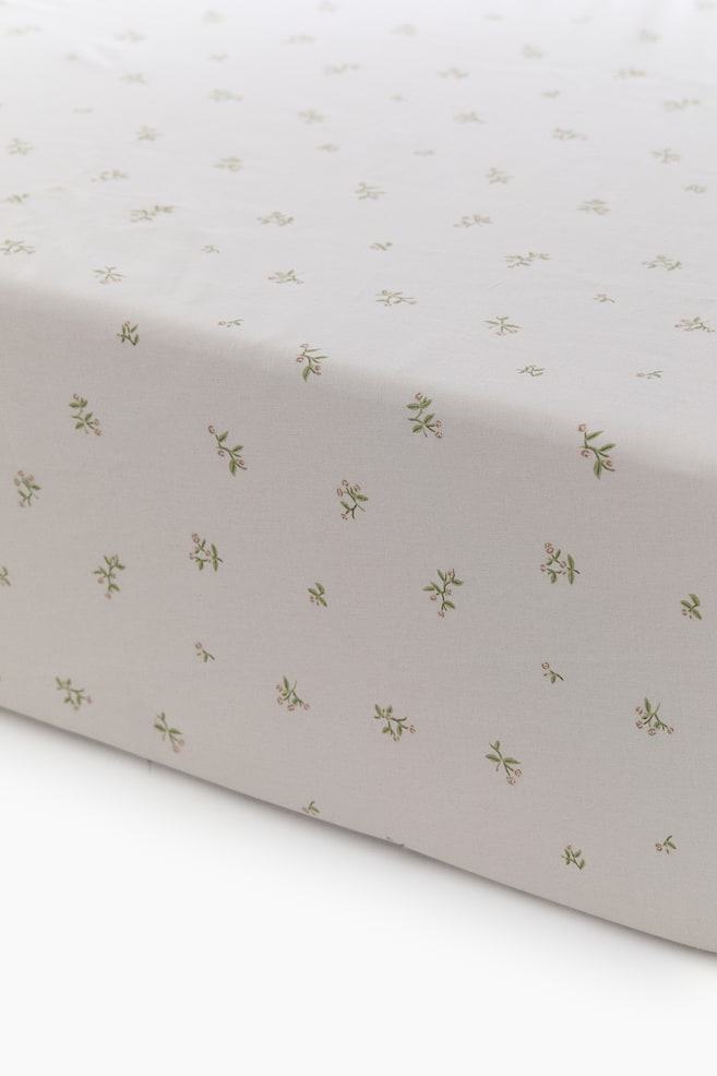 Patterned Cotton Fitted Sheet - Light taupe/floral/Light pink/striped/Light blue/planes/Dark green/striped/White/dotted/Light green/vehicles/Light beige/dinosaurs/Light beige/unicorns/White/cherries/Light pink/floral - 1