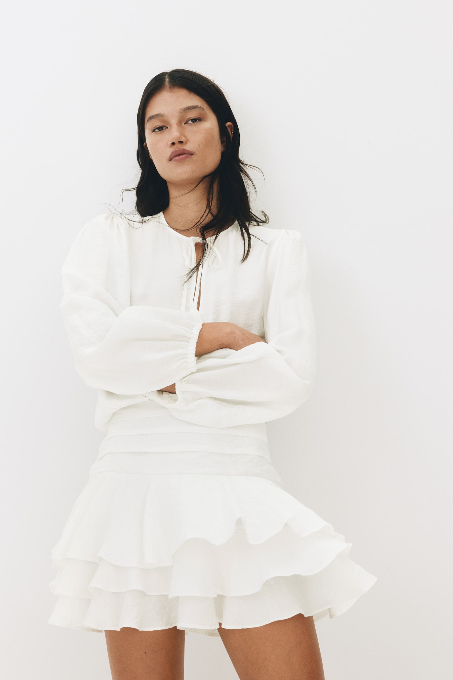 Tiered-skirt dress - White/Dark grey - 1