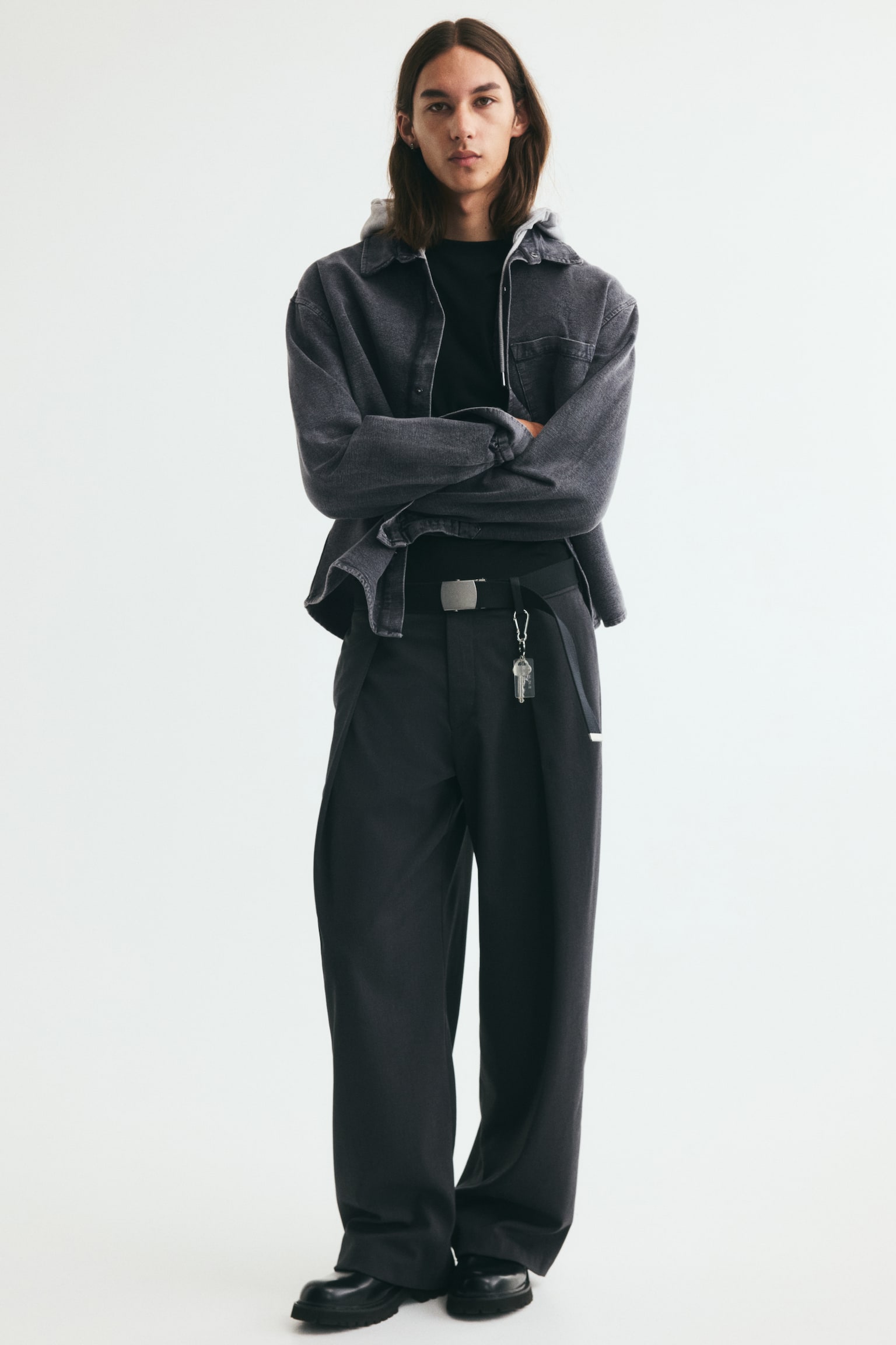Мужская рубашка H&M Hooded Overshirt, цвет: Тёмный джинсовый серый — фото 4