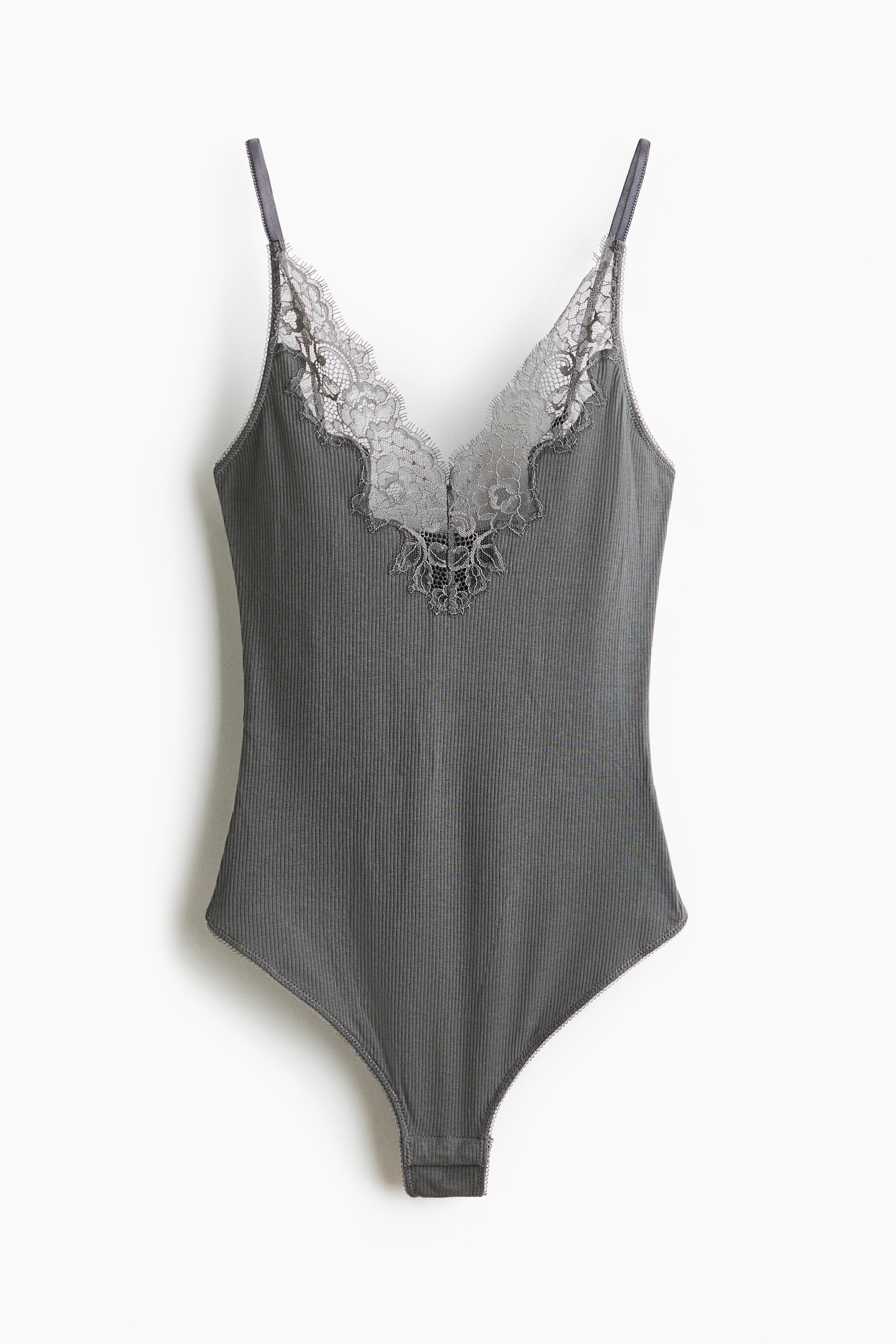 Lace-trimmed cotton thong body - Dusty grey