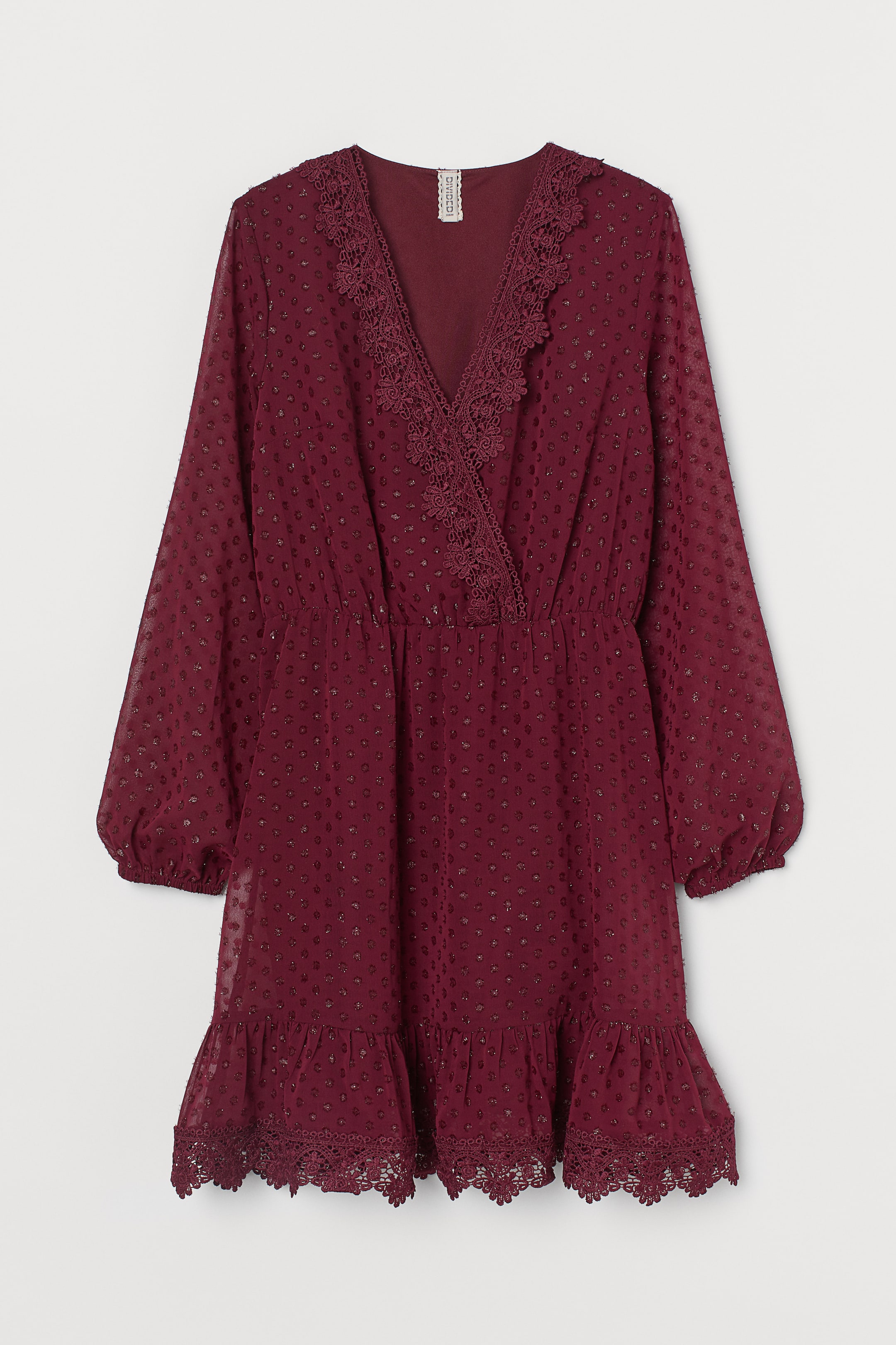 Lace-detail plumeti dress - V-neck - Long sleeve - Dark red - Ladies ...