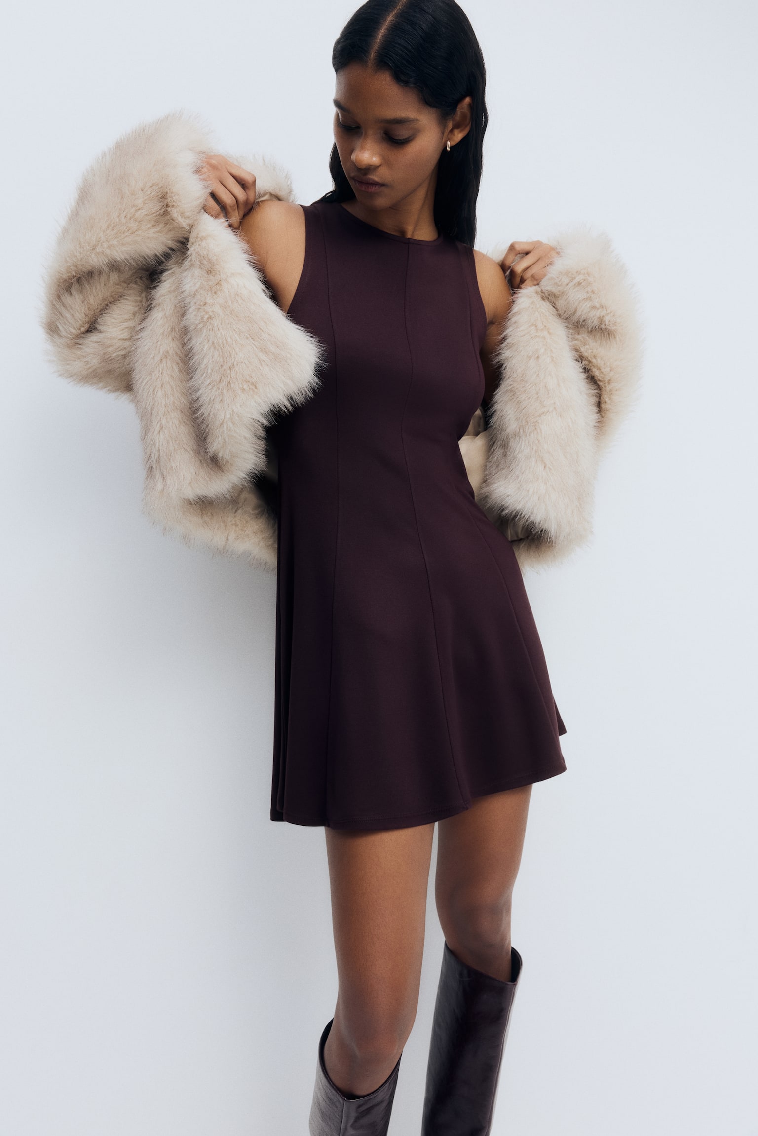 Flared-skirt Ponte di Roma dress - Slivková červená/Čierna - 6