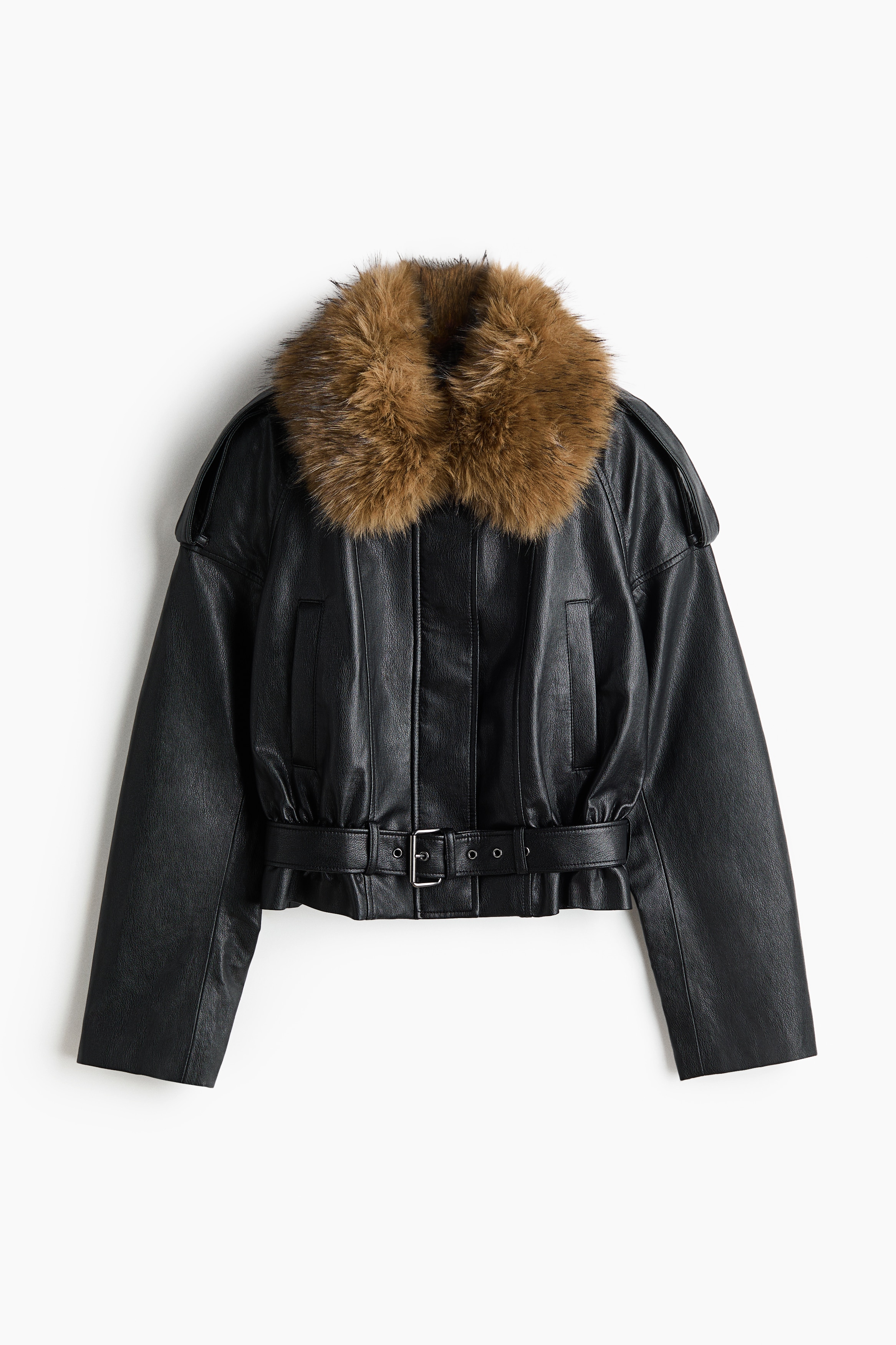 Jacke mit Coating und flauschigem Kragen - Schwarz