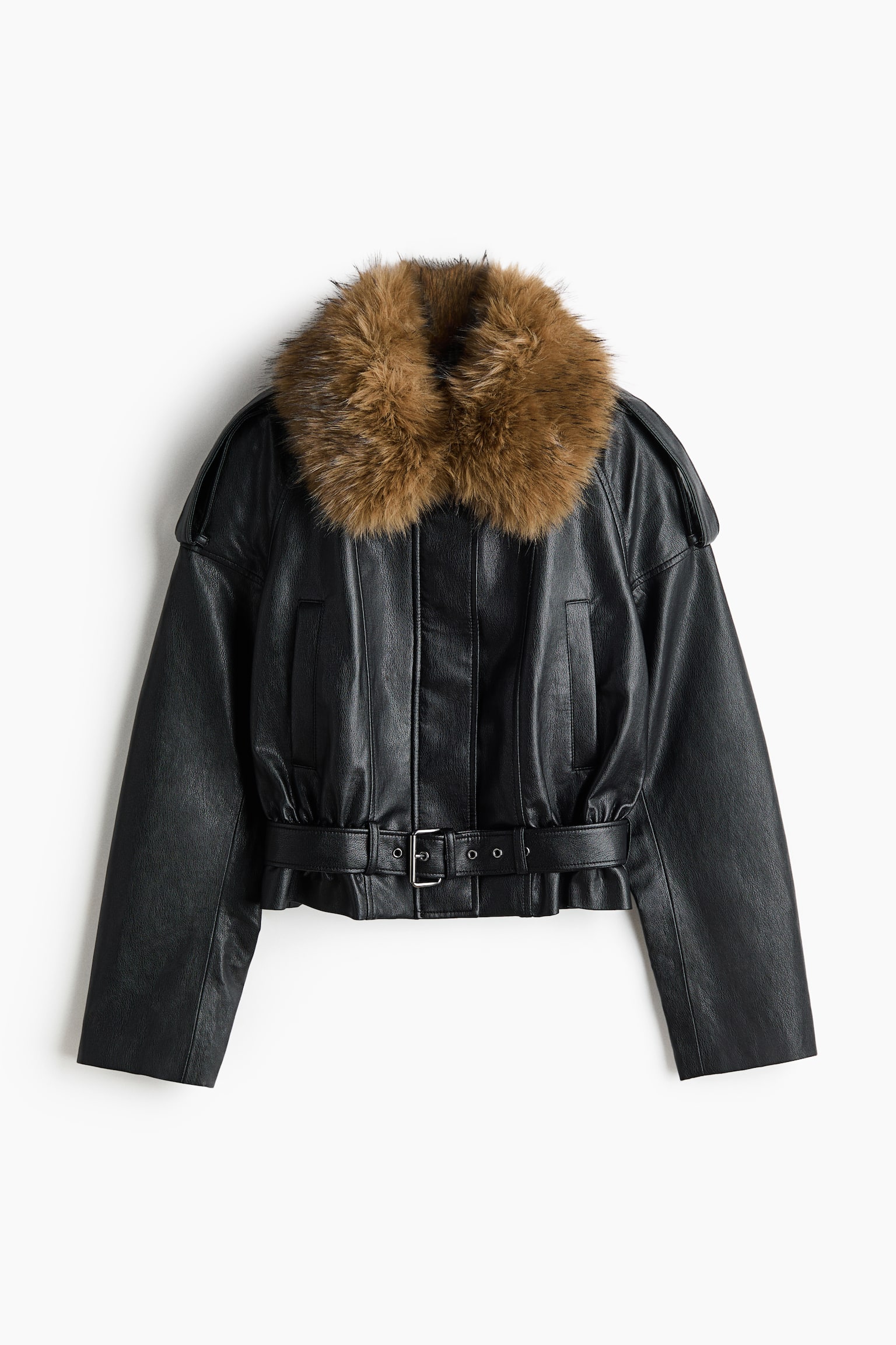 Fluffy-collar coated jacket - Black - 1