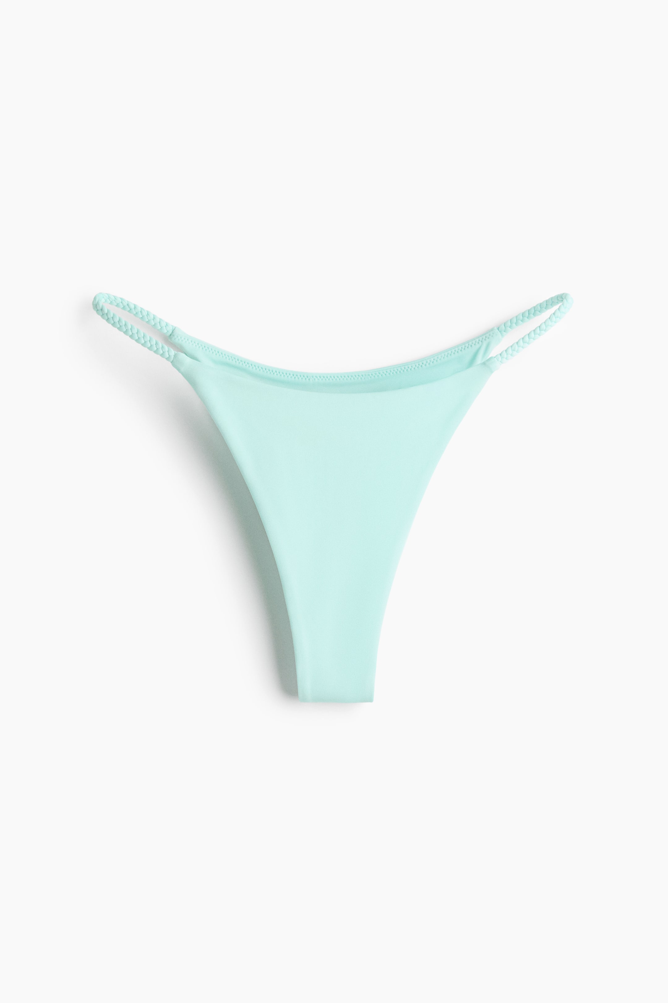 Visa större bild: En akvamarin bikiniunderdel ligger platt, med låg midja, smala flätade sidor och hög skärning baktill.