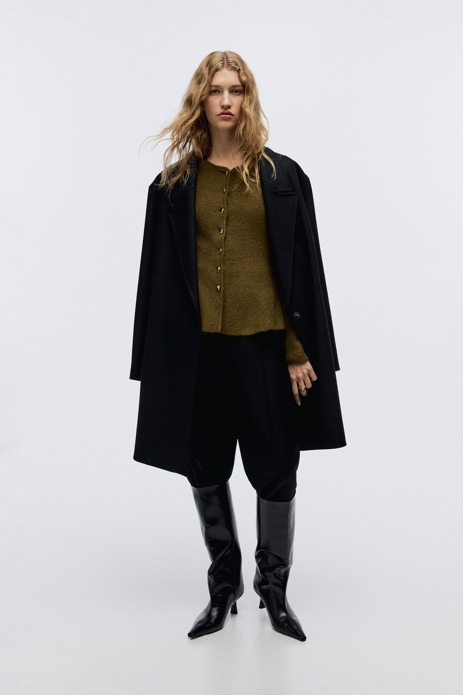 リブニットペプラムカーディガン - ダークカーキグリーン/ライトグレーメランジ/ブラック - 3