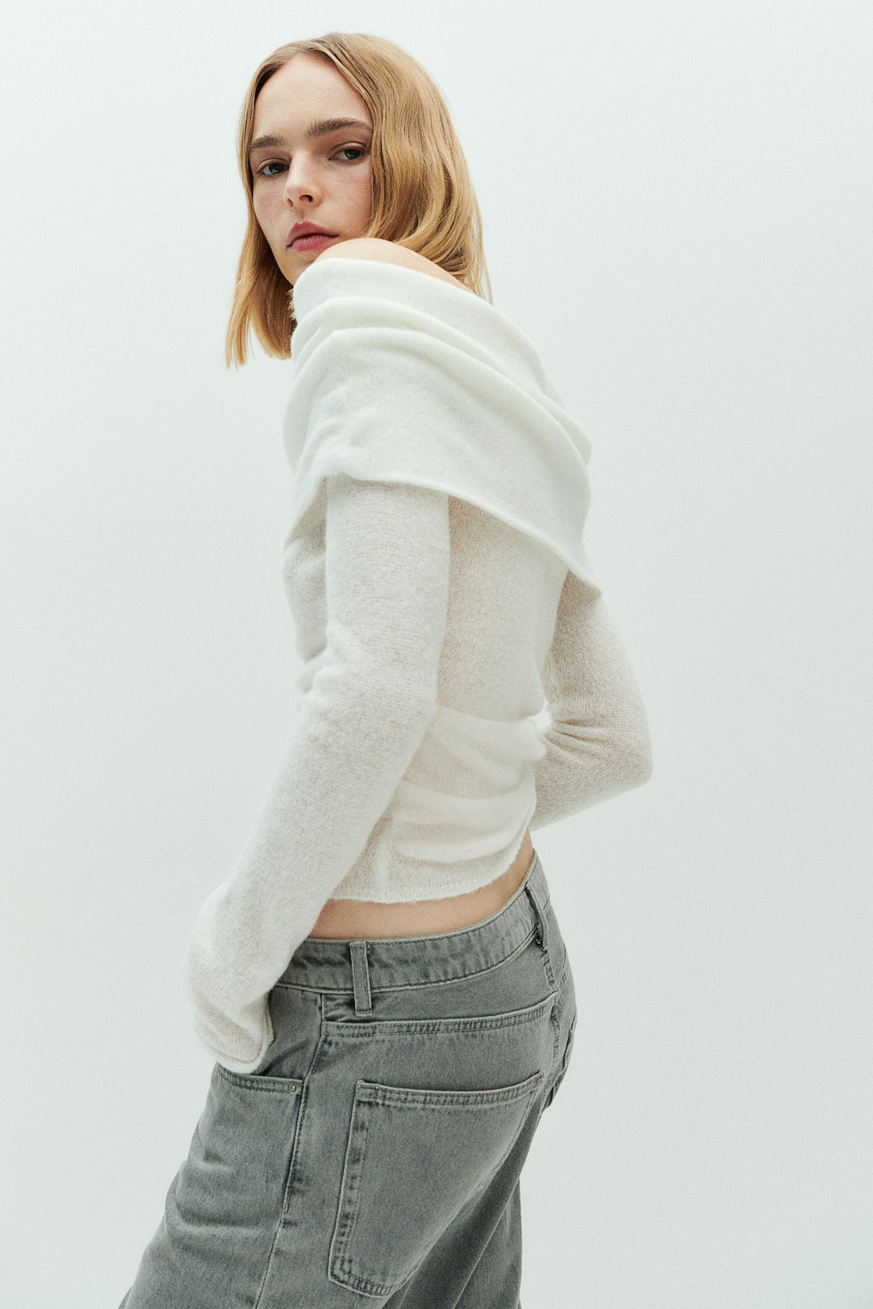 Off Shoulder Cream Cropped Jumper Womens Sweater Oversized Off The