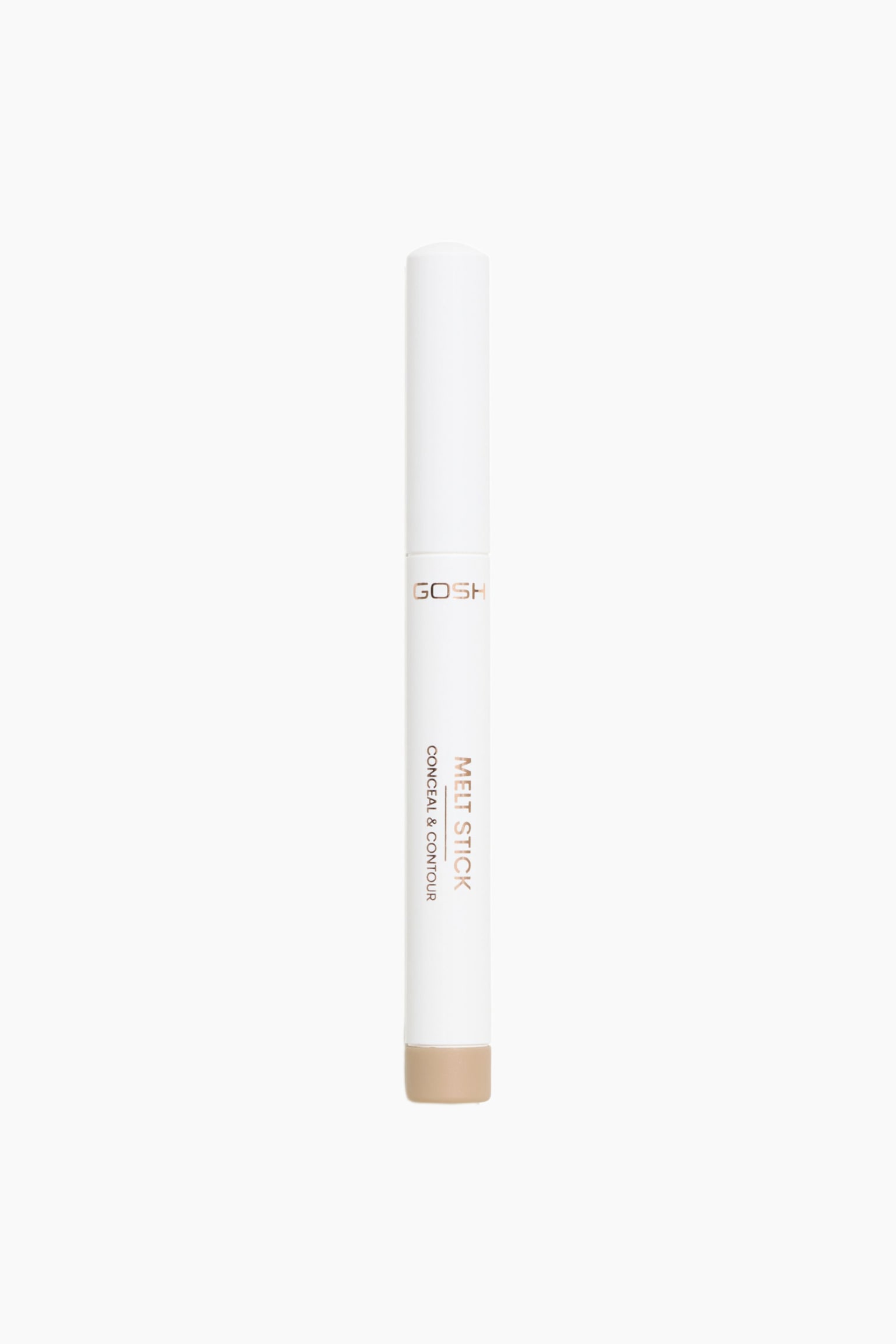Melt Stick Conceal & Contour stÃ¥r upprÃ¤tt och har ett smalt, cylindriskt vitt hÃ¶lje med matchande lock. Den visar rosÃ©guldfÃ¤rgad mÃ¤rkning med texten "GOSH" och "MELT STICK CONCEAL & CONTOUR" vertikalt lÃ¤ngs sidan, medan en beige tonad spets syns vid den nedre basen.