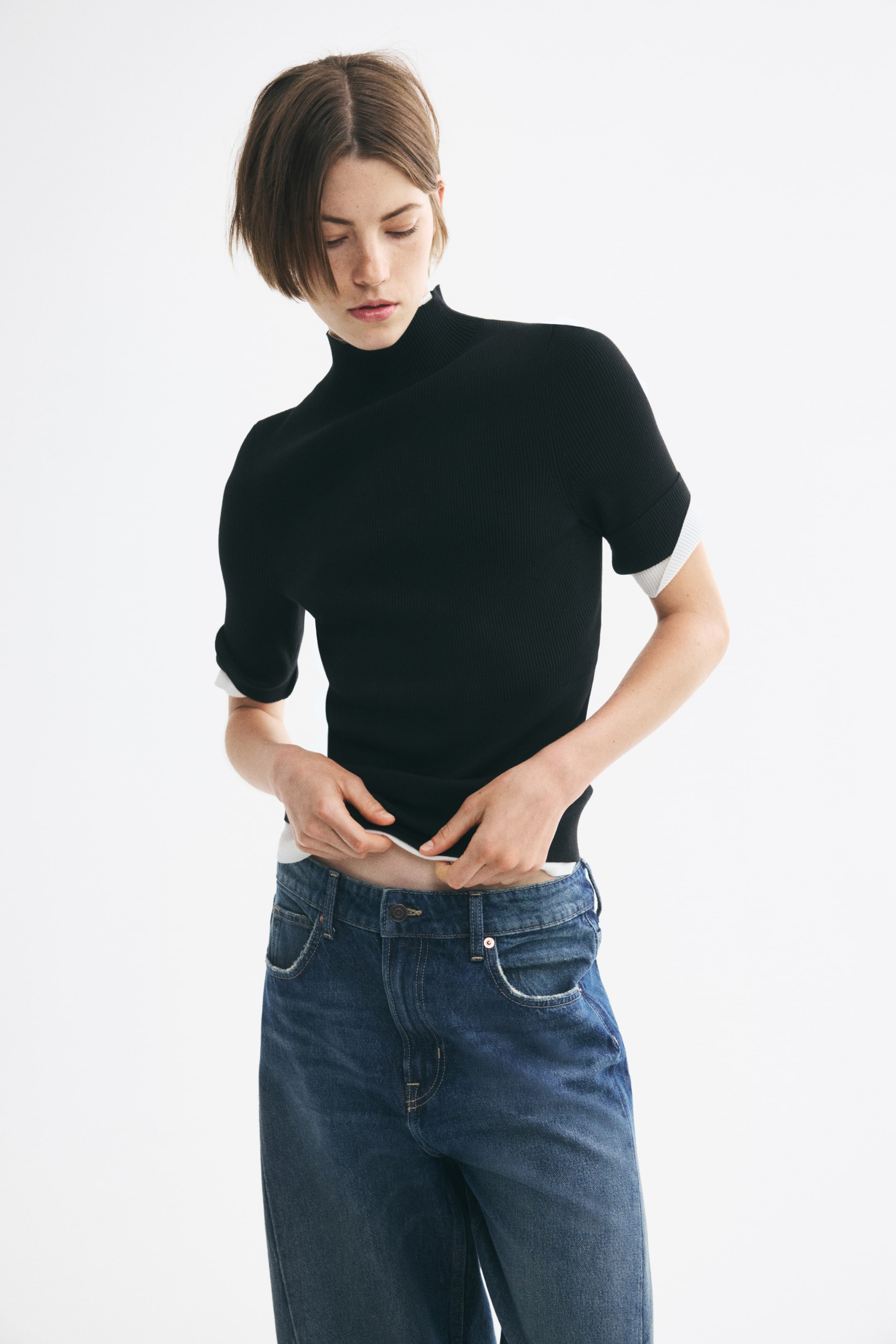 Silk-Blend Rib-Knit Mock Turtleneck Top