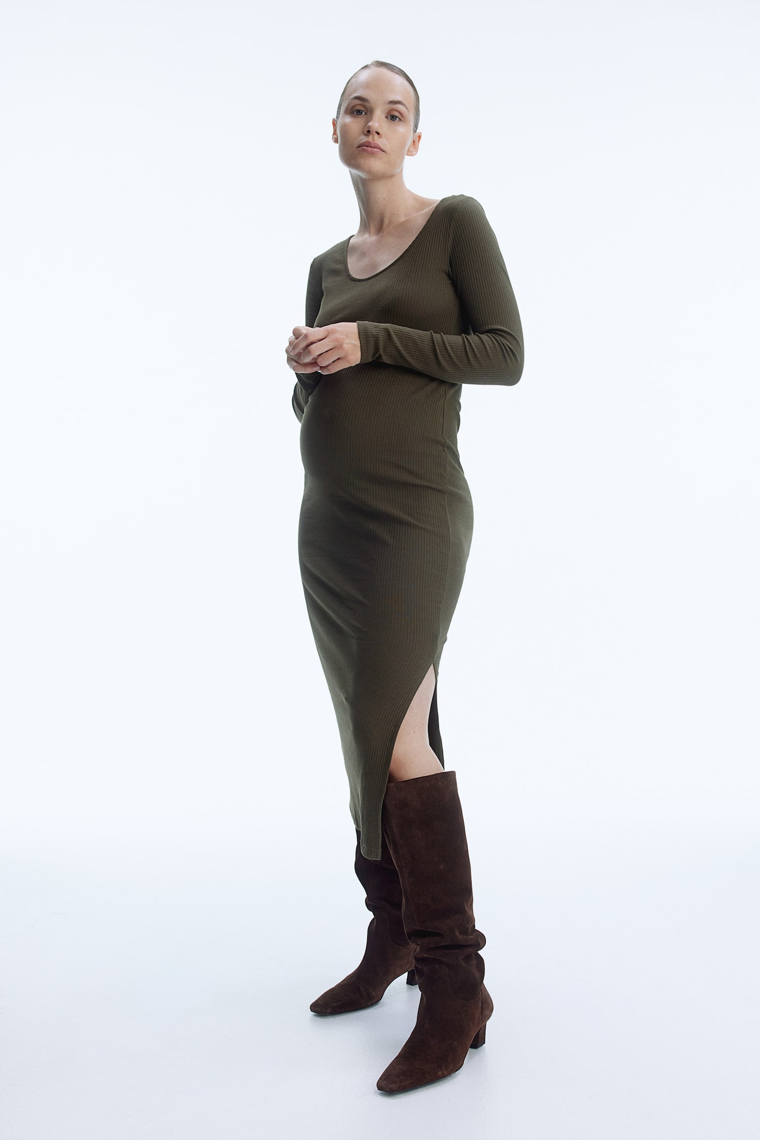 MAMA Ribbed bodycon dress - Dark khaki green/Black - 6