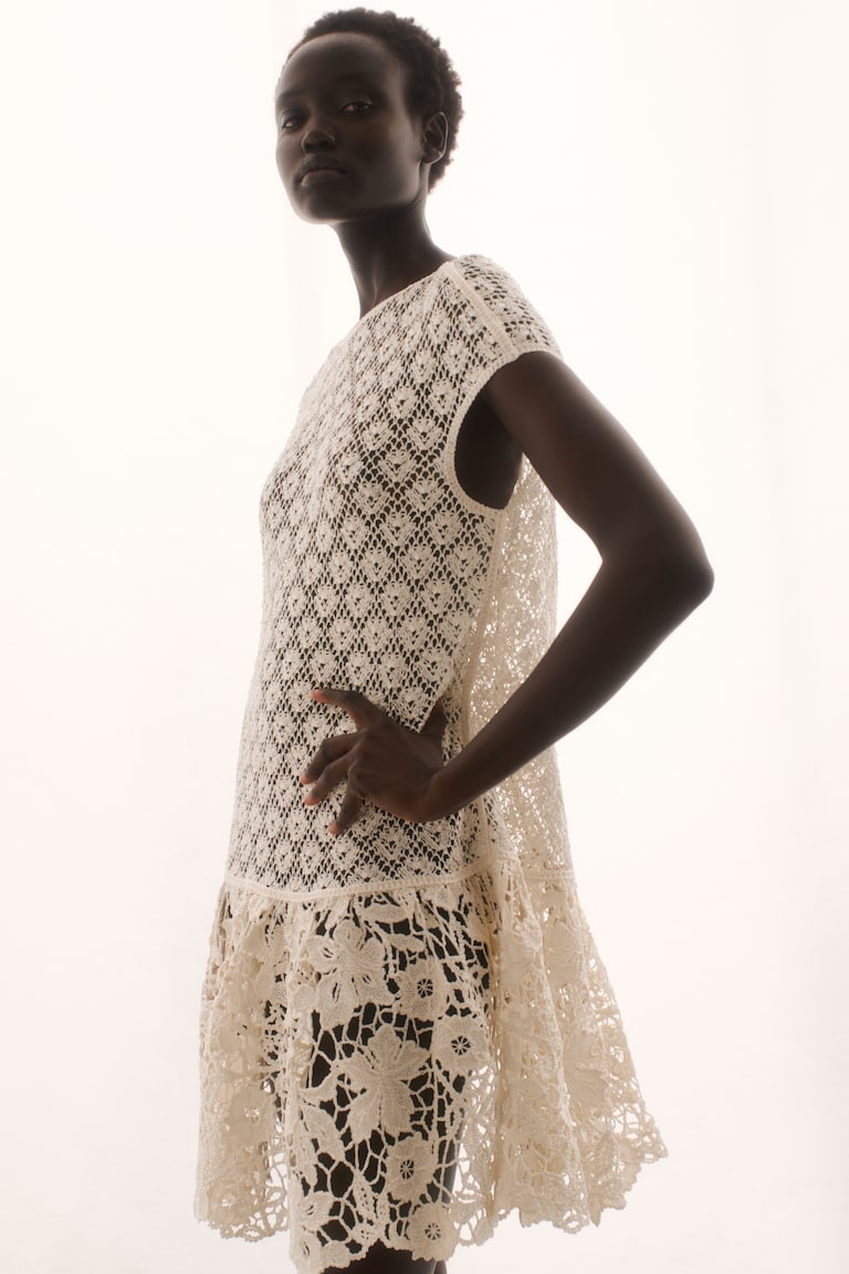 h&m crochet button dress Ladies - Cream Crochet-Look Dress with Flared Skirt - Size: XL
