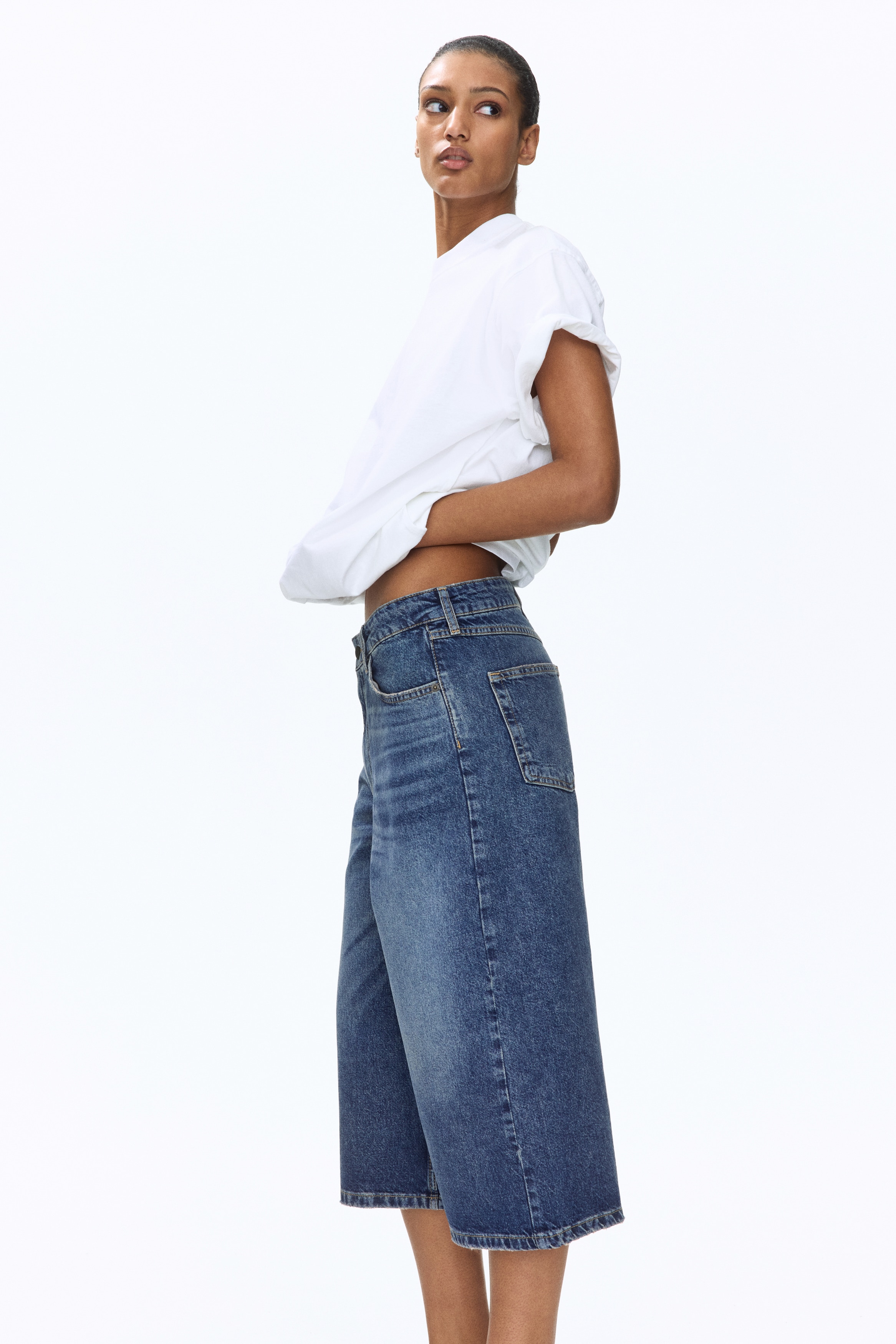 Wide Regular Waist Culotte Jeans - Bleu denim/Bleu denim clair