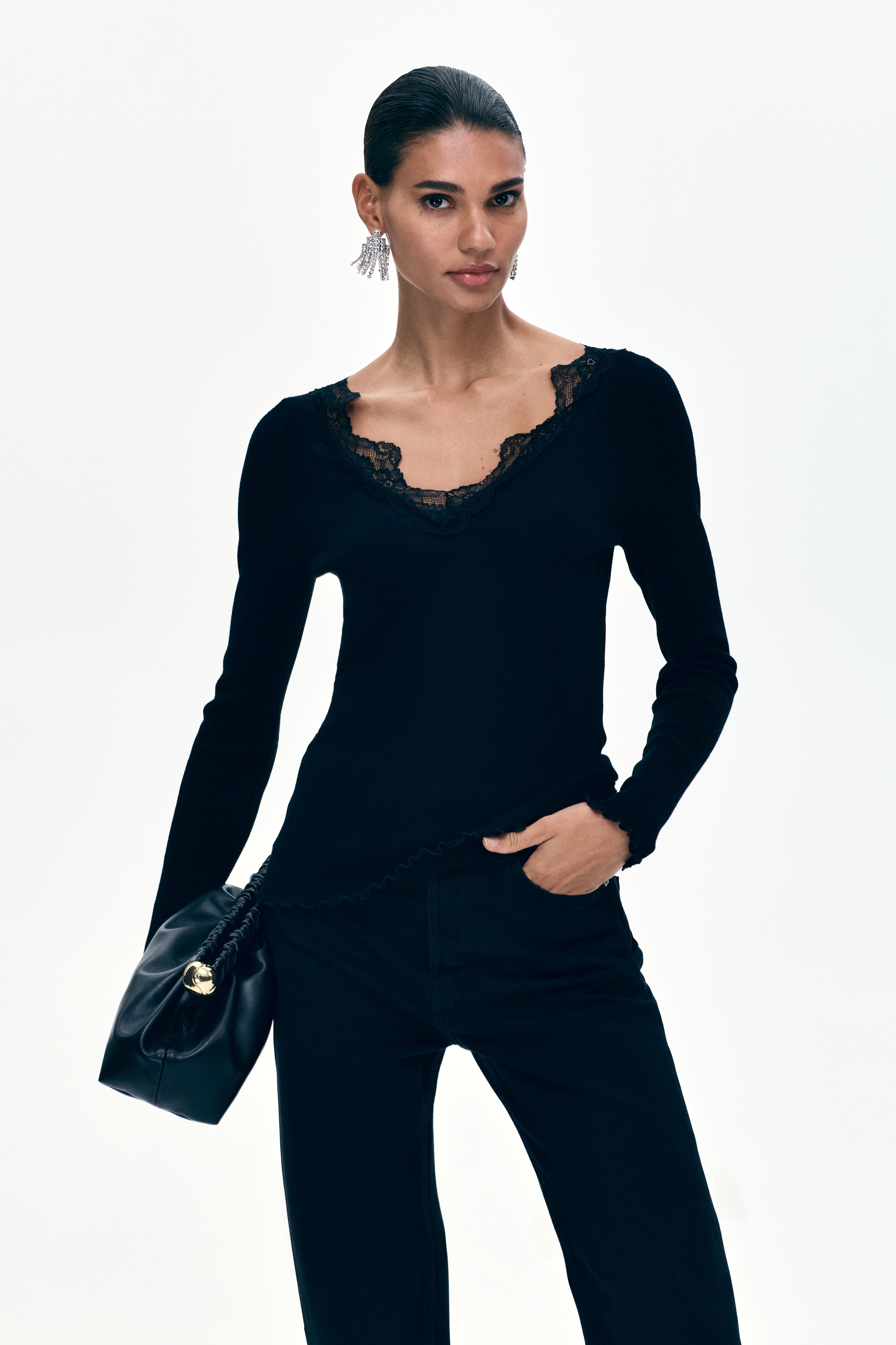Lace Trim Rib Knit Top - Black/Brown