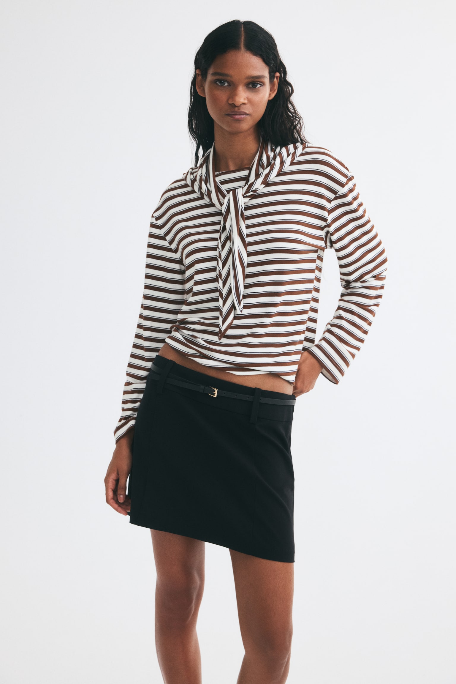 Женский топ H&M Long-Sleeved Scarf-Collar Top, цвет: Кремовый / Полосатый — фото 3
