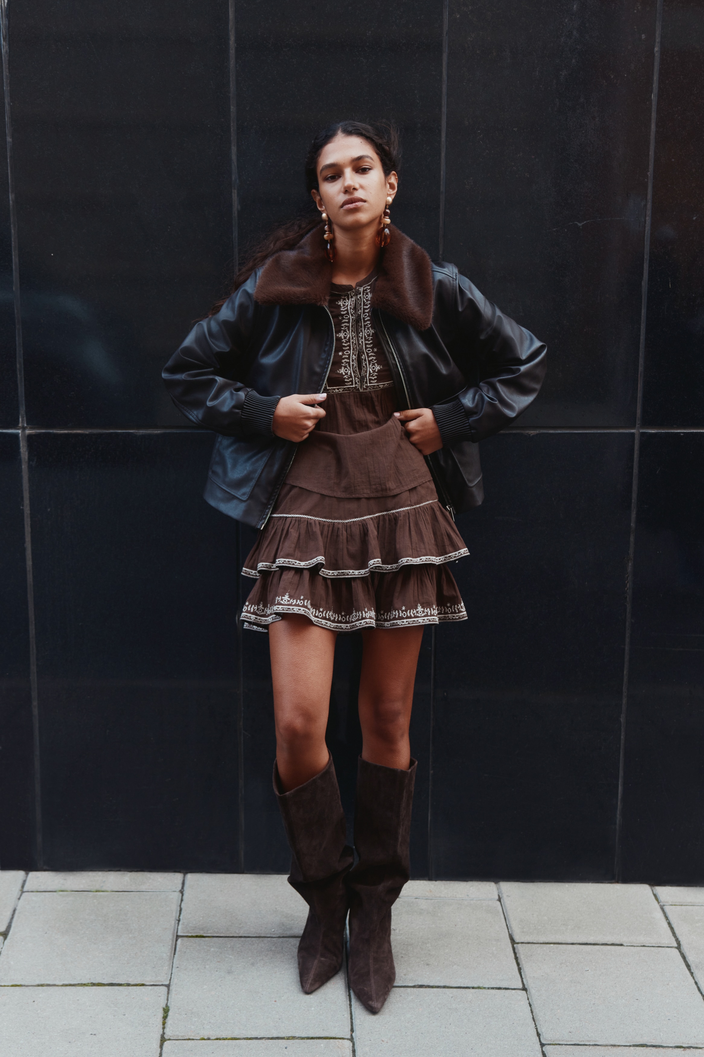 H & M - 刺繍コットンスカート - ブラウン