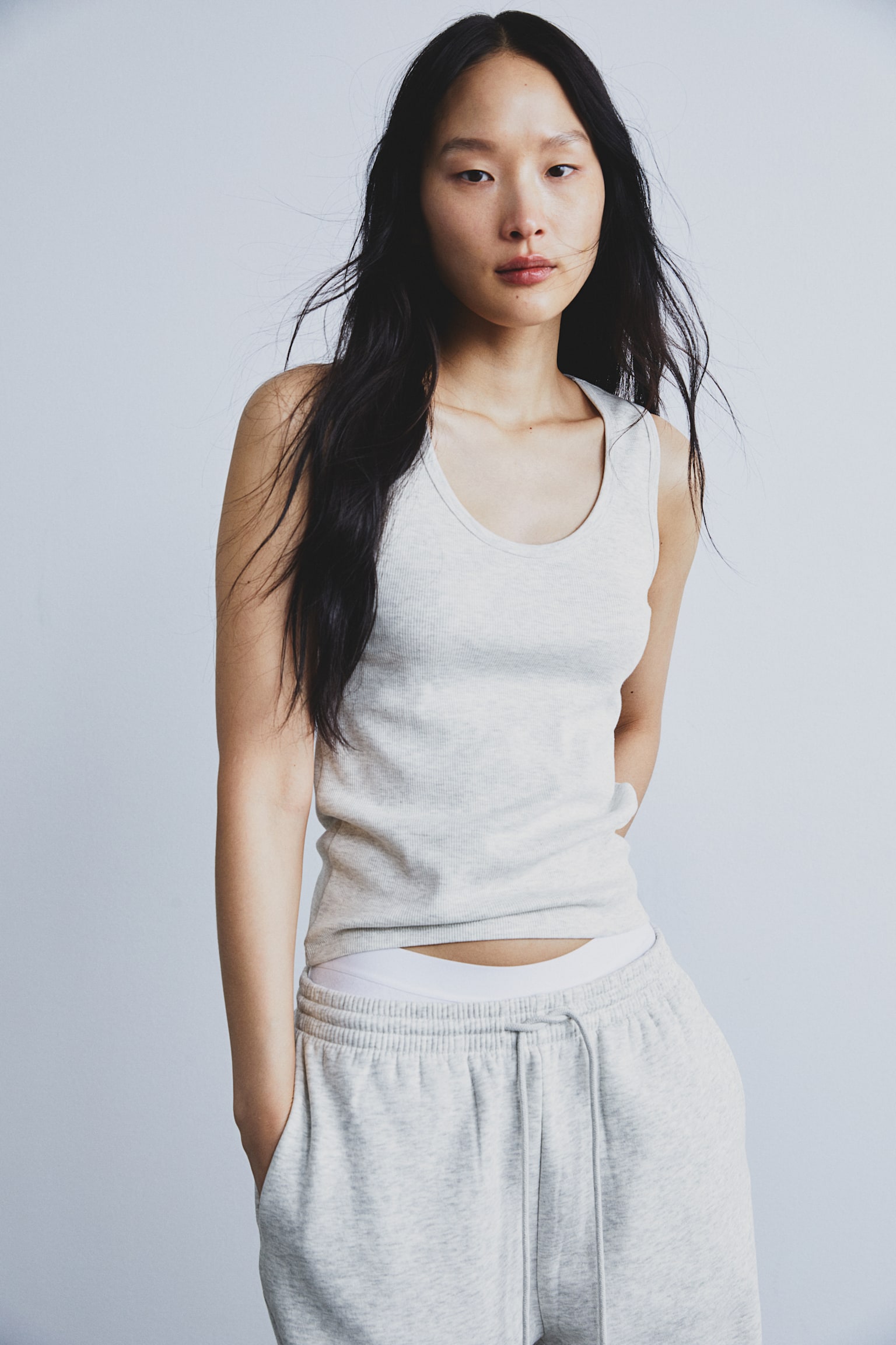 Ribbed vest top - Light grey marl/White/Black - 5