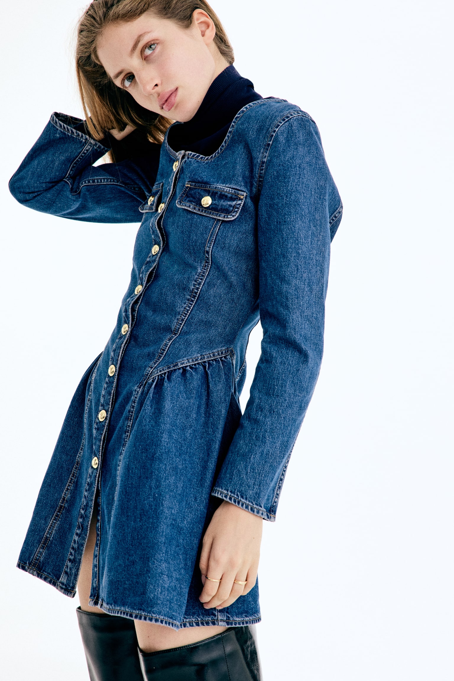 Flared-skirt denim dress - Denim blue - 7