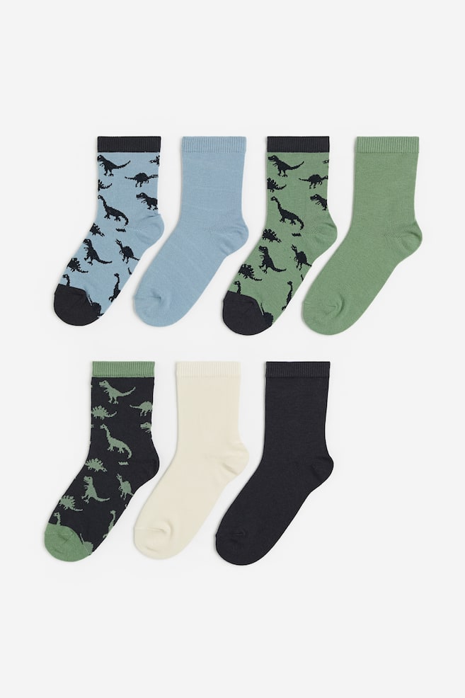 7-pack patterned socks - Dusty green/Dinosaurs/Grey marl/Stars/Light green/Striped - 1