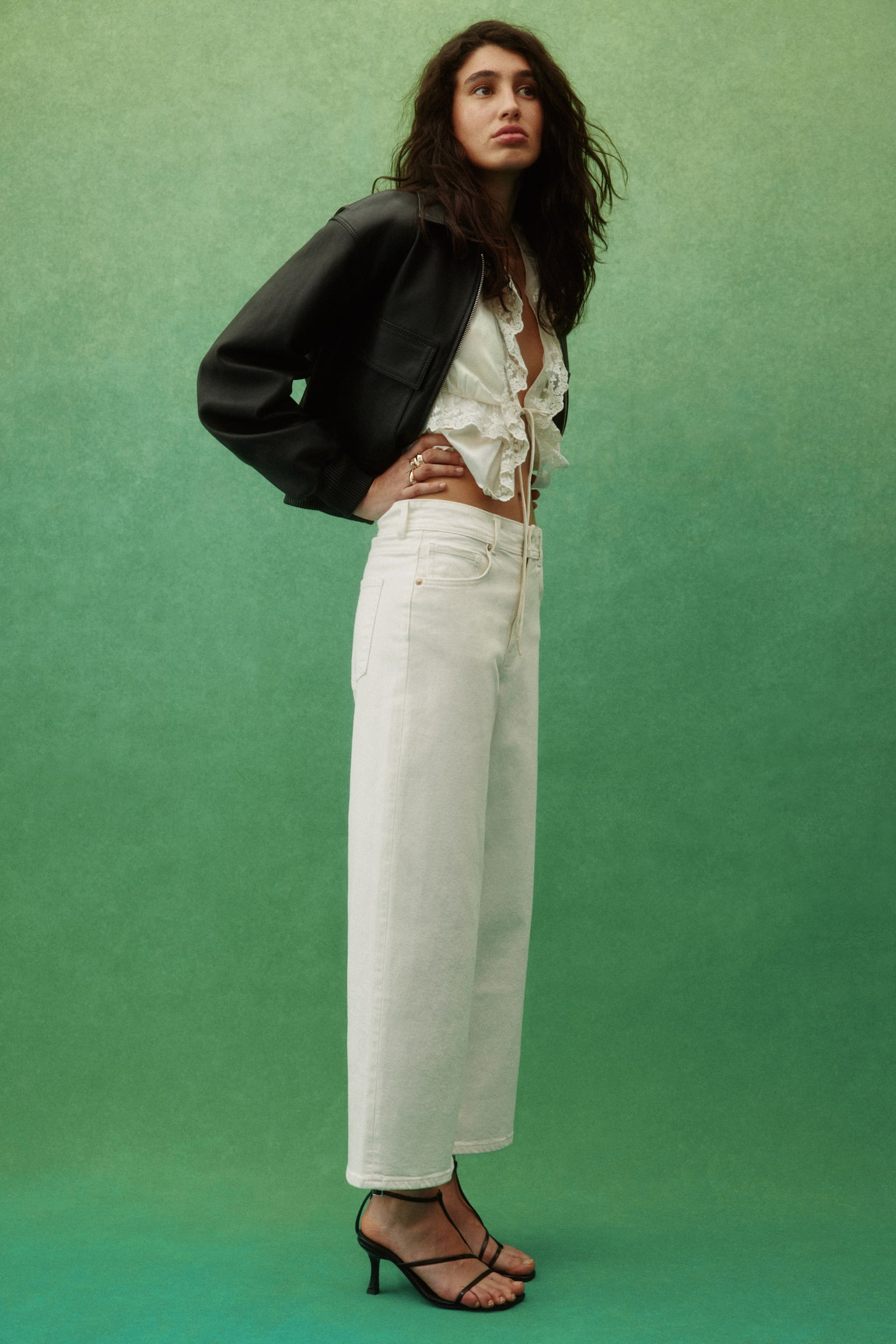 Wide High Waist Ankle Jeans - White/Denim blue - 7