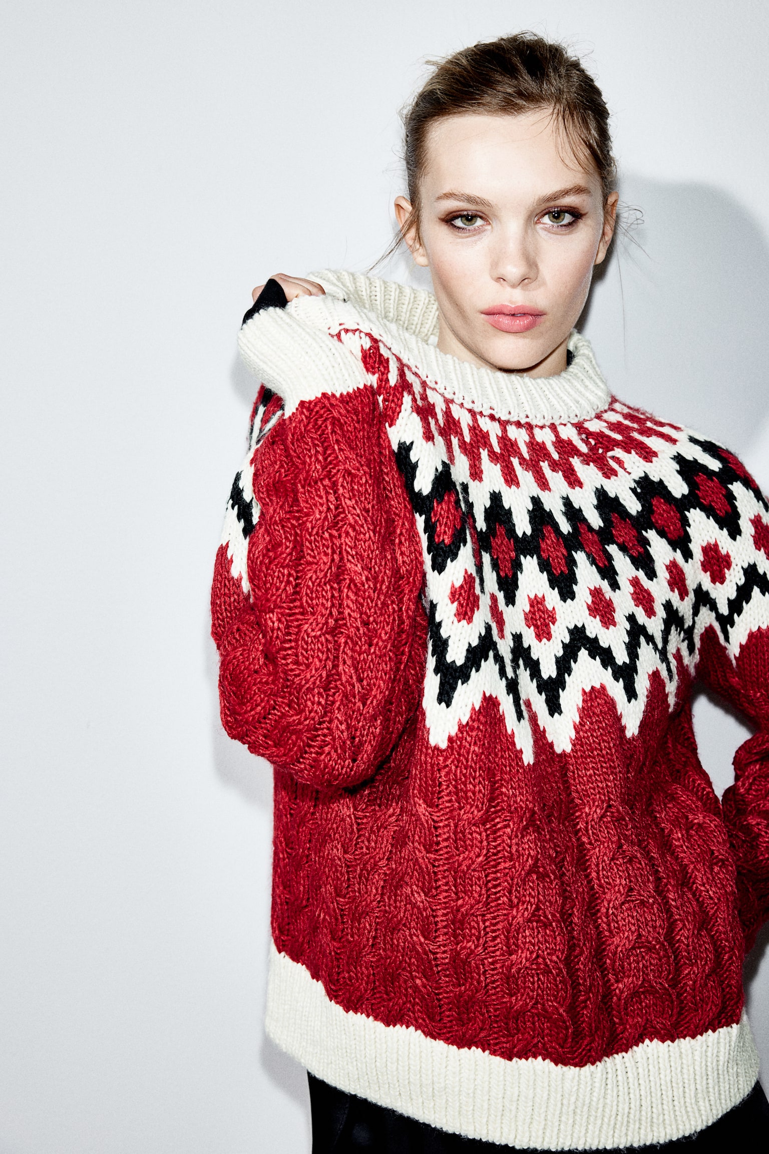 Mixed-knit jumper - Dark red/Patterned - 4