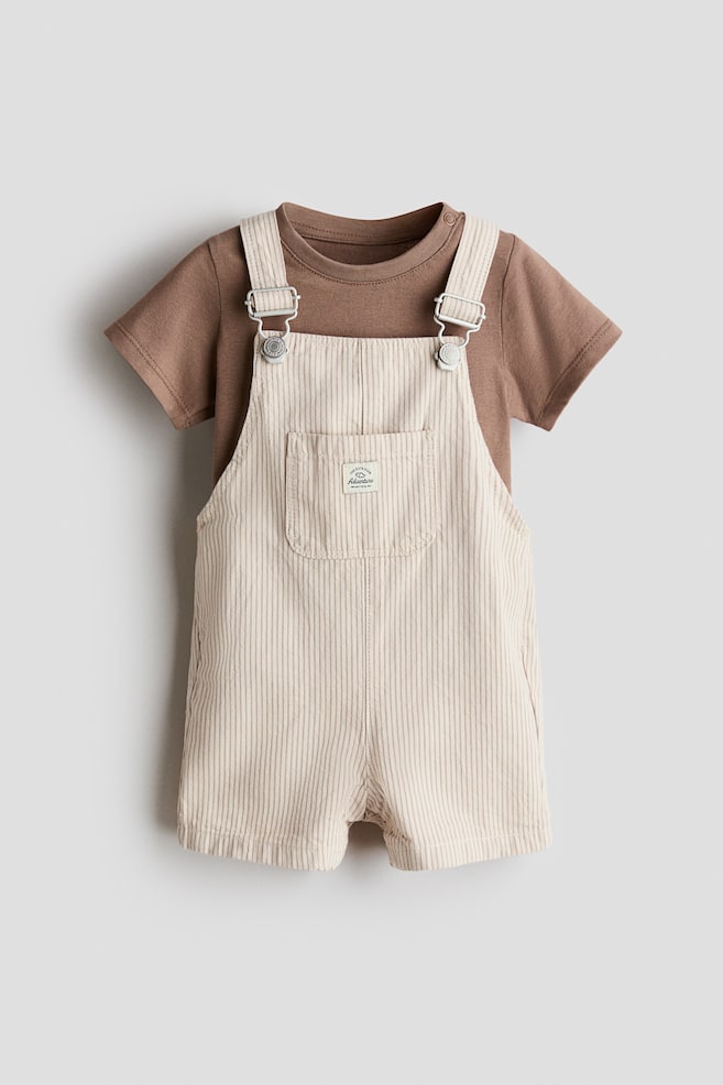 2-Piece Overall Shorts and T-Shirt Set - Brown/light beige striped - 1