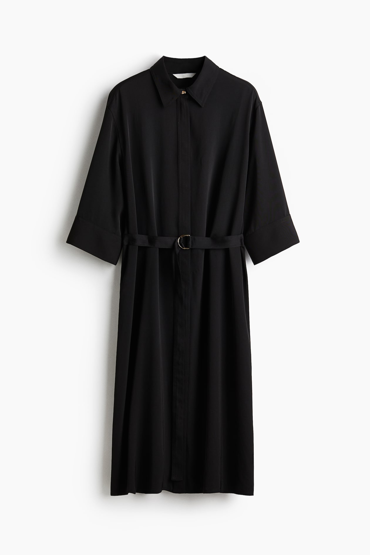 black shirt dress with belt Elegant Maxi Black Shirt Dress With Vegan Leather Belt | One Size