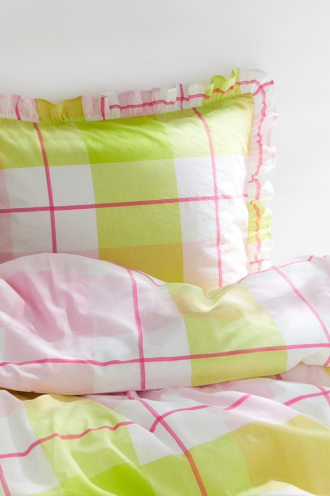 Washed cotton single duvet cover set - Lime green/Checked - 1