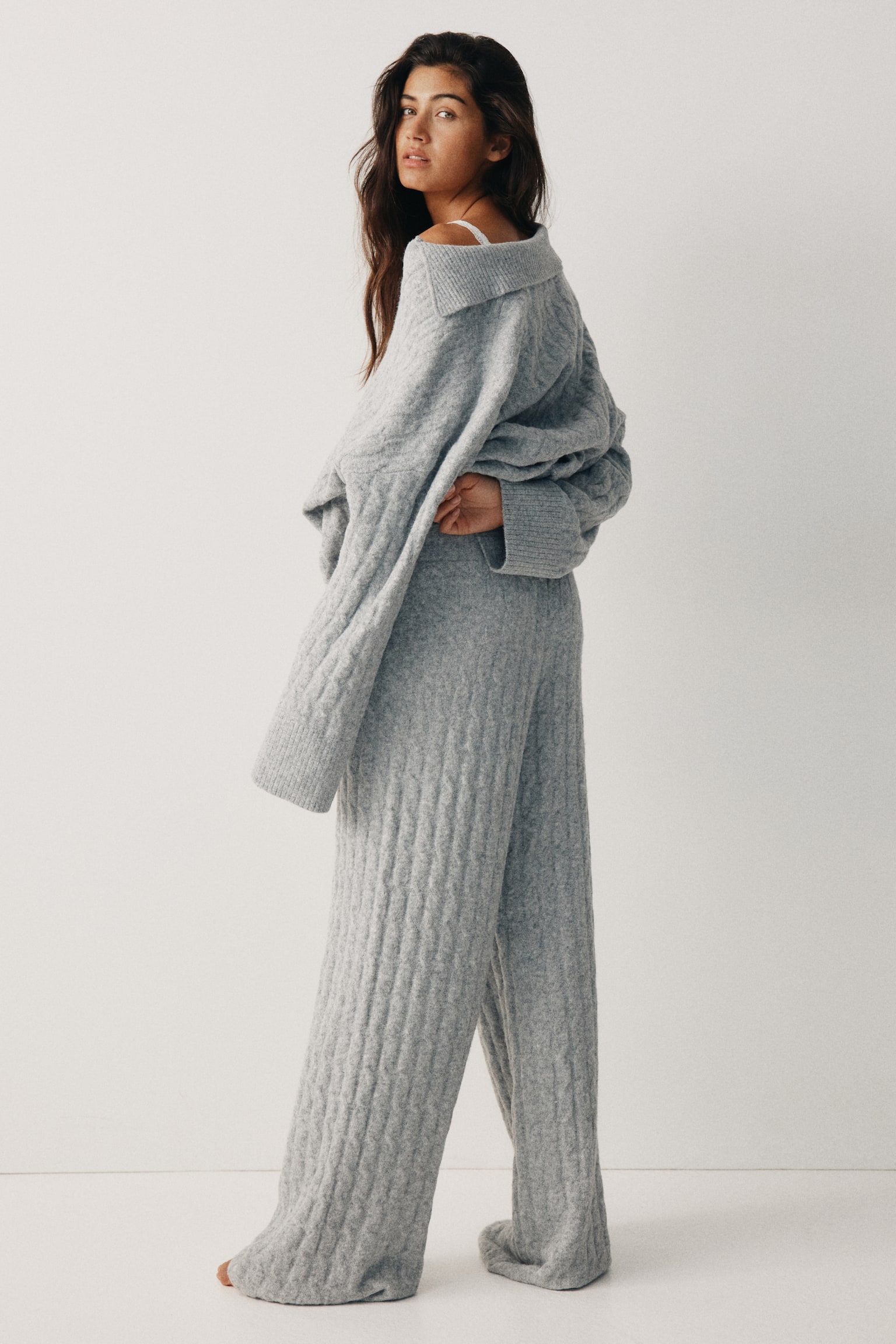 Cable-knit trousers - Light grey marl/Beige/Dark beige marl - 7