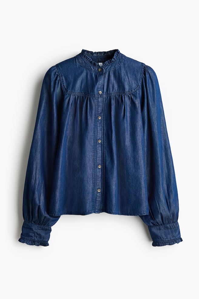 Frill-trimmed denim blouse - Dark denim blue/Light denim blue - 1