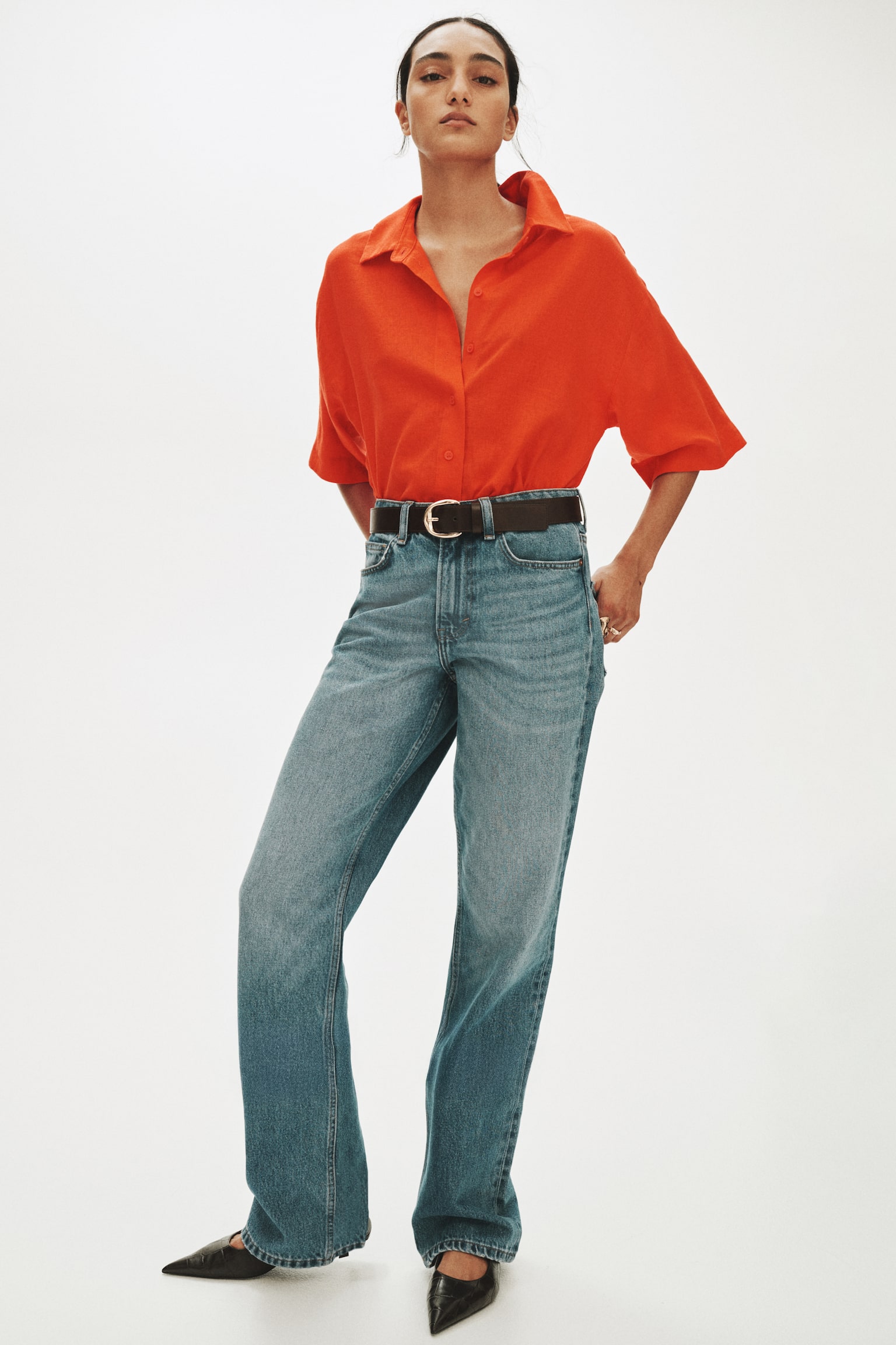 Linen-blend shirt - Bright red/Dark brown - 5