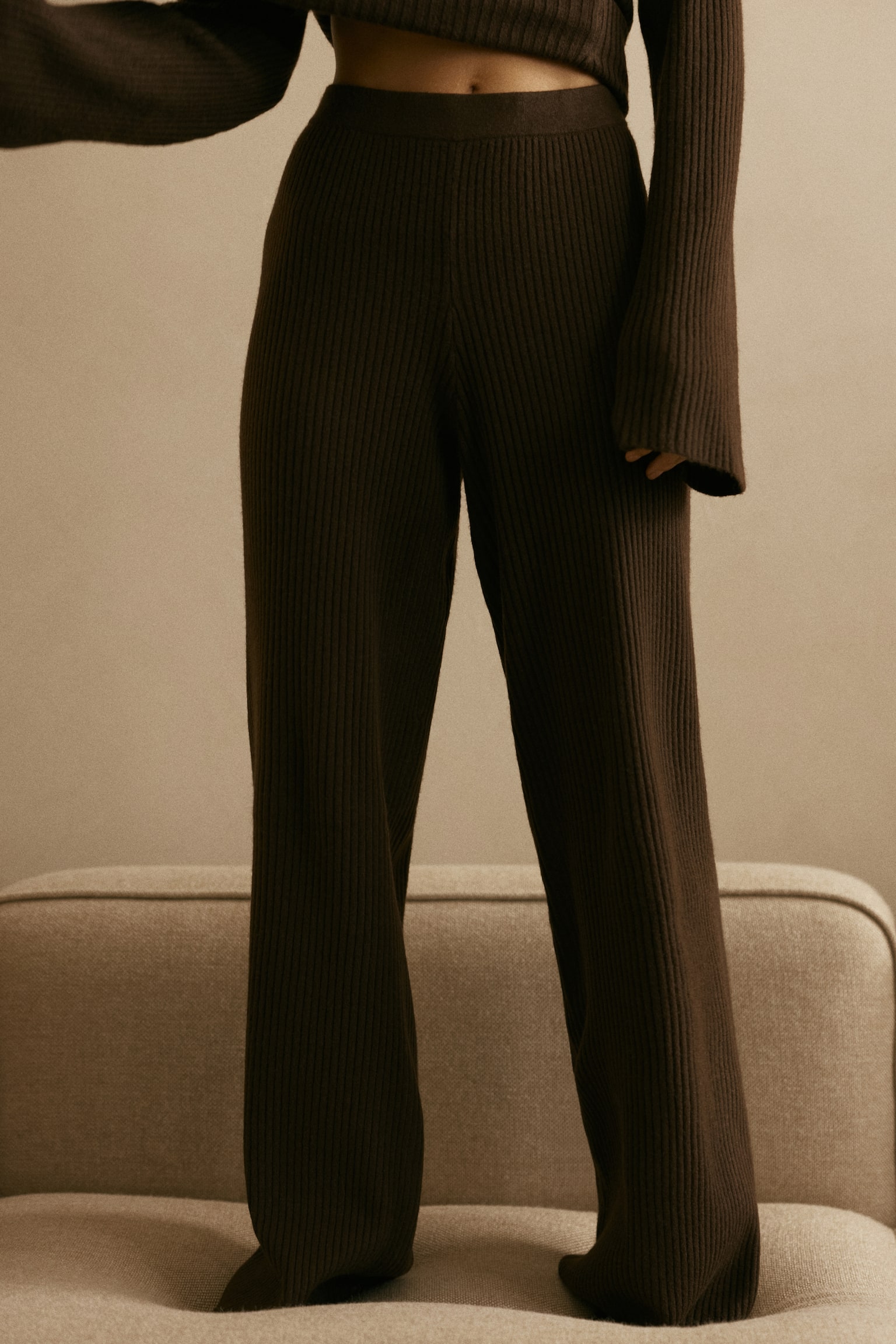 Wide rib-knit trousers - Dark brown/Grey marl - 3