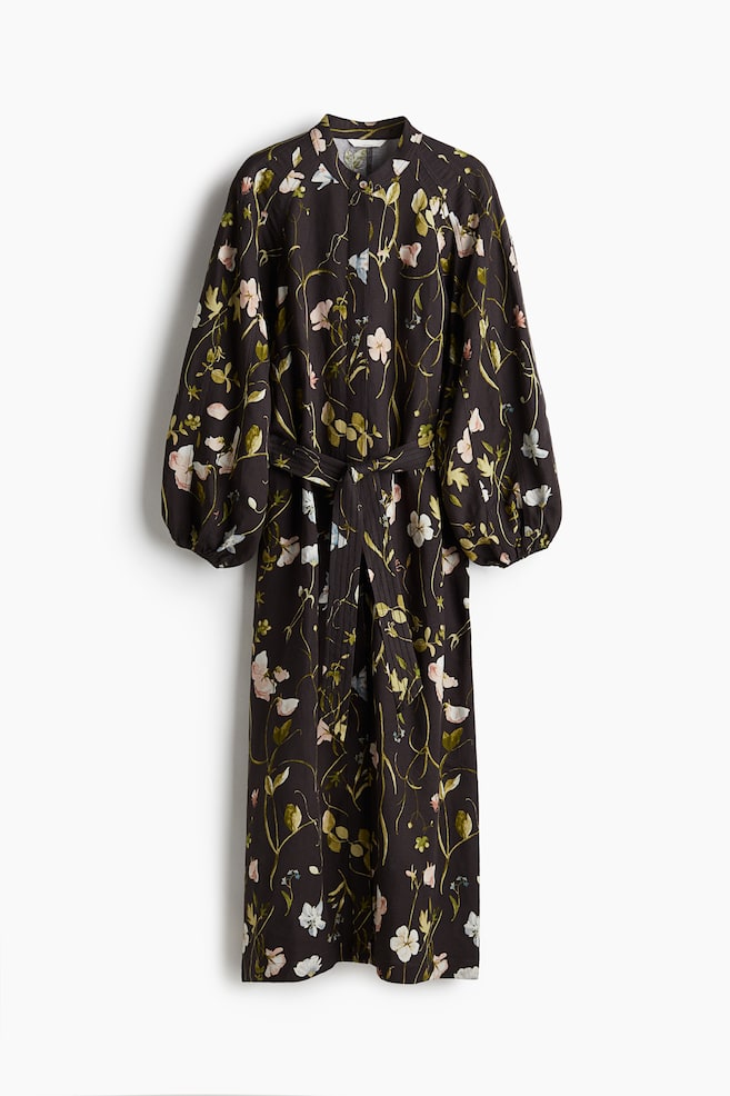 Linen-blend tie-belt dress - Black/Floral/Black/White floral - 1