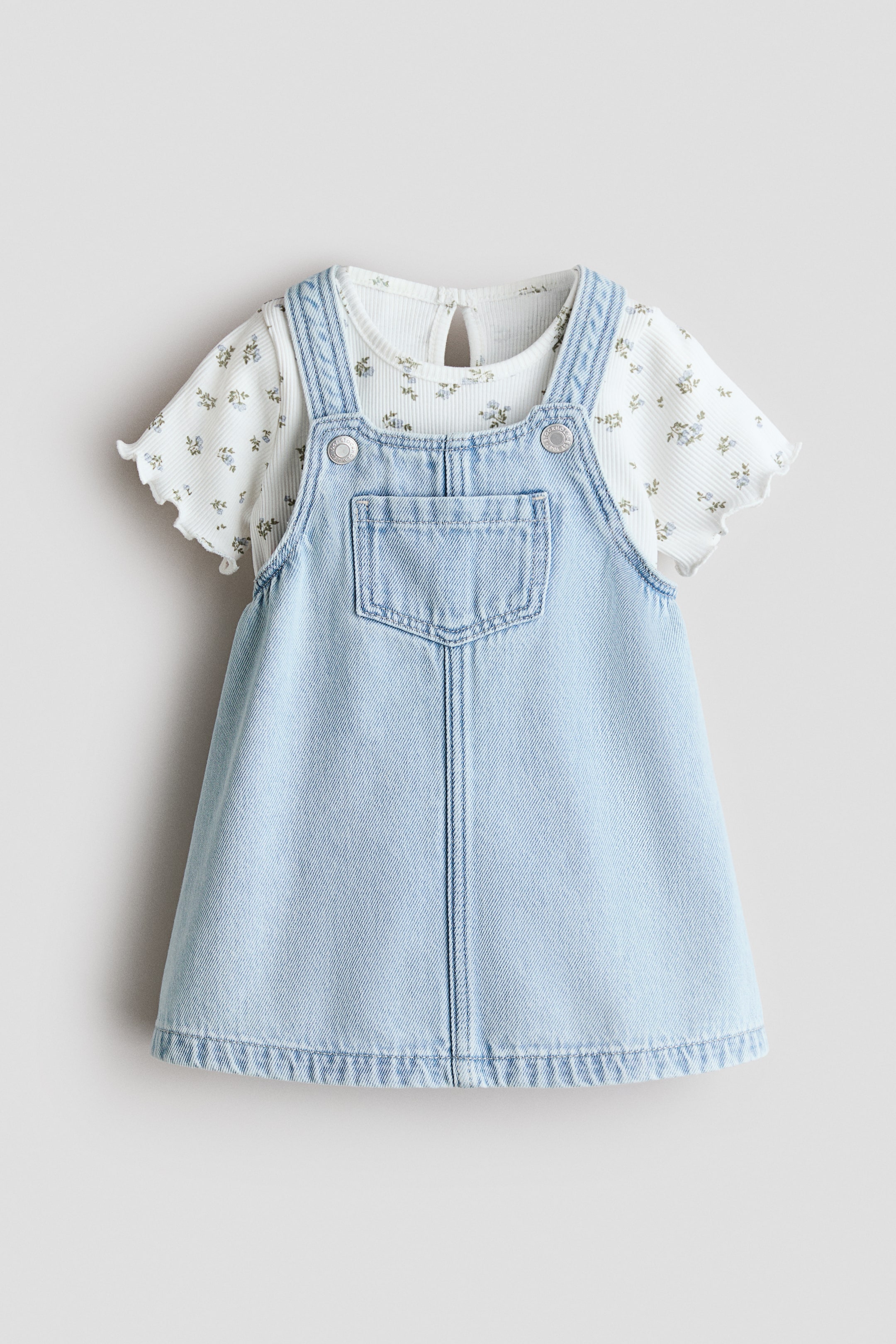 View larger image: 2-piece dungaree dress and top set - White/Floral - Kids | H&M 1