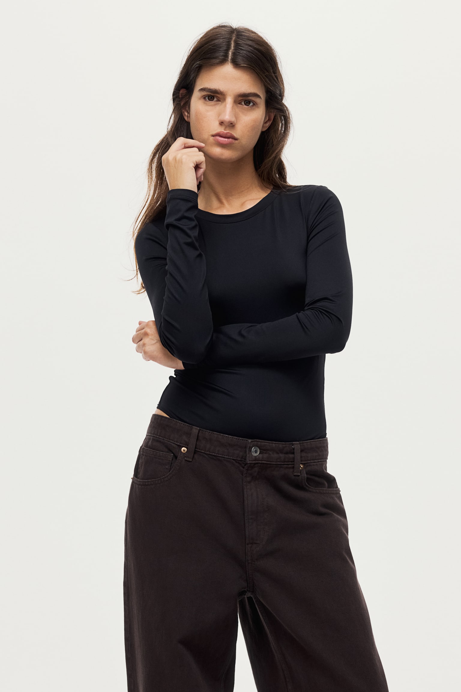 Long-sleeved microfibre body - Black/Dark brown - 1