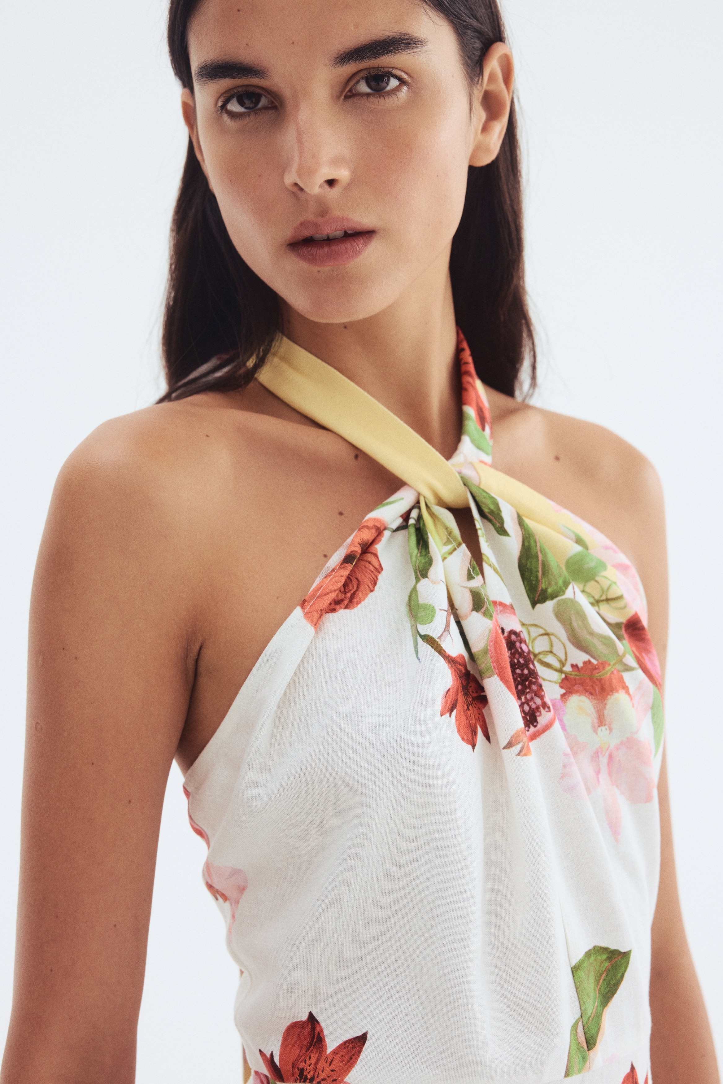 Linen-Blend Halterneck Dress - White/floral